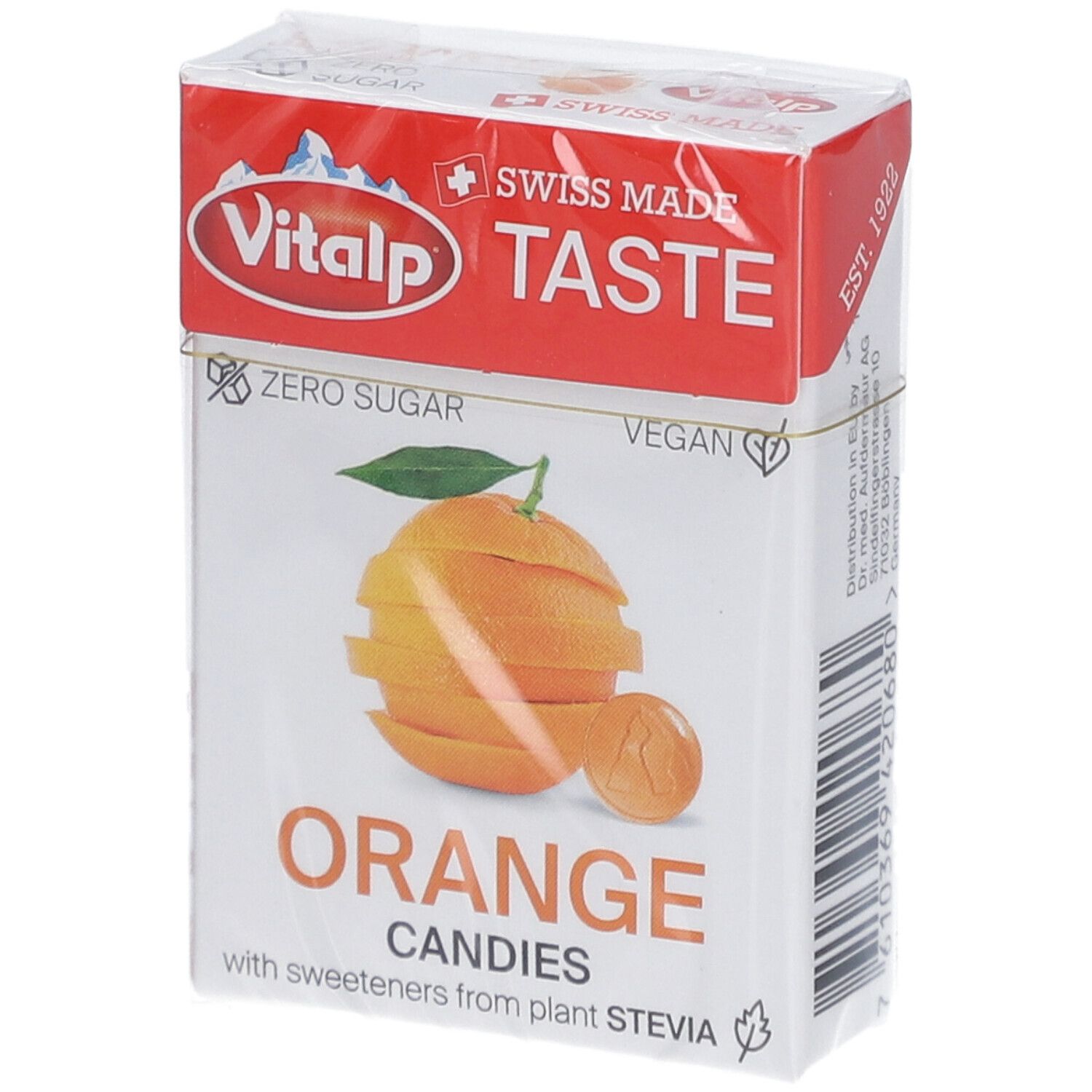 Verpakking Vitalp Bonbons Sans Sucre Orange. Afgebeelde sinaasappel. Tekst: Orange Candies, Zero Sugar, Vegan.