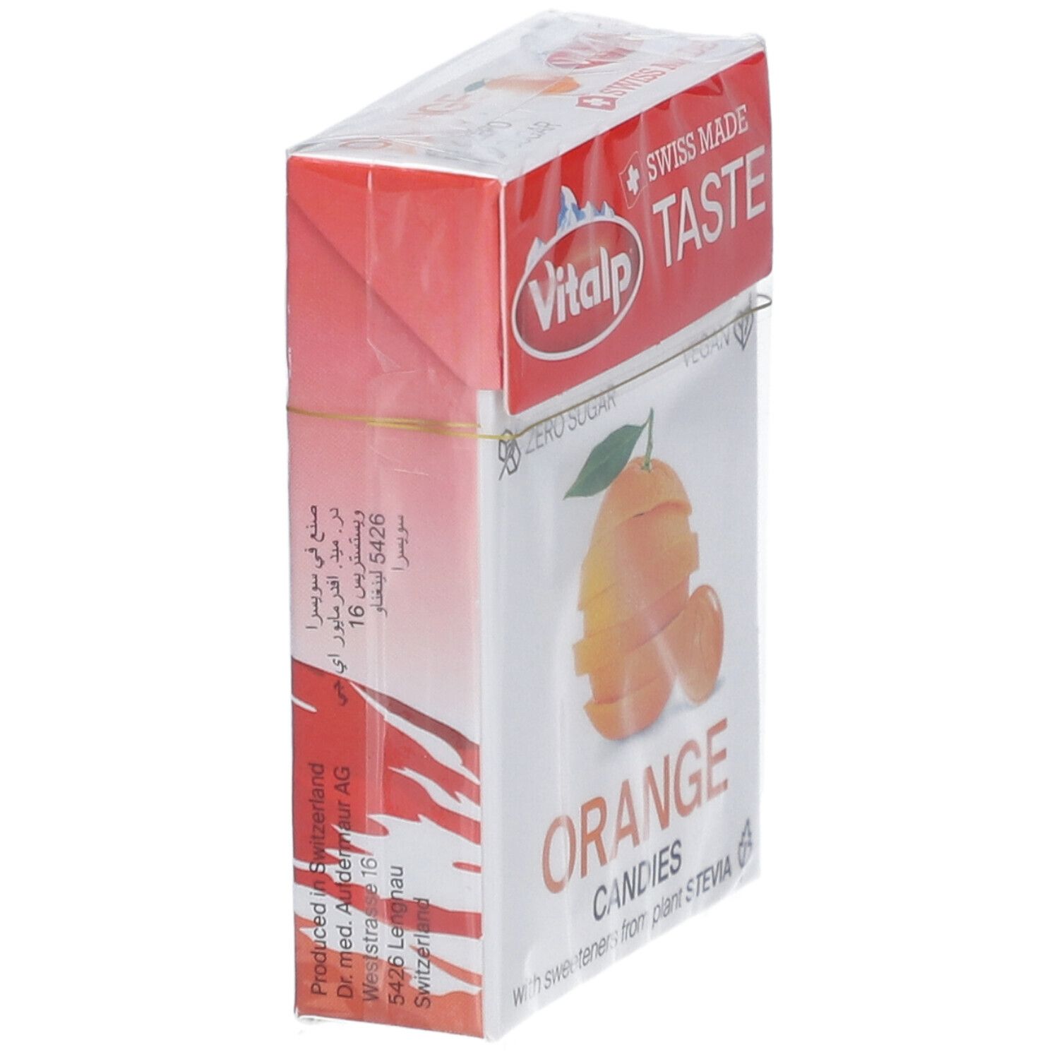 Zijaanzicht verpakking Vitalp Bonbons Sans Sucre Orange. Tekst: Orange Candies, Zero Sugar, Vegan.