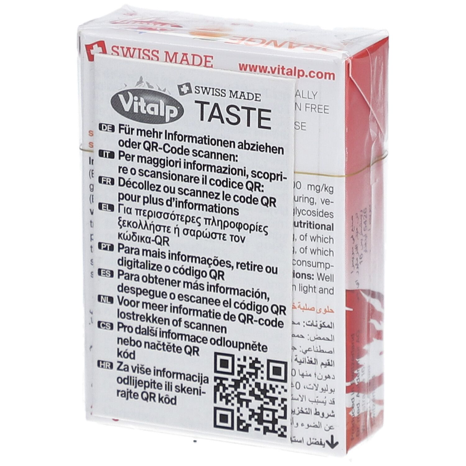 Achterkant verpakking Vitalp Bonbons Sans Sucre Orange. Meertalige tekst en QR-code.