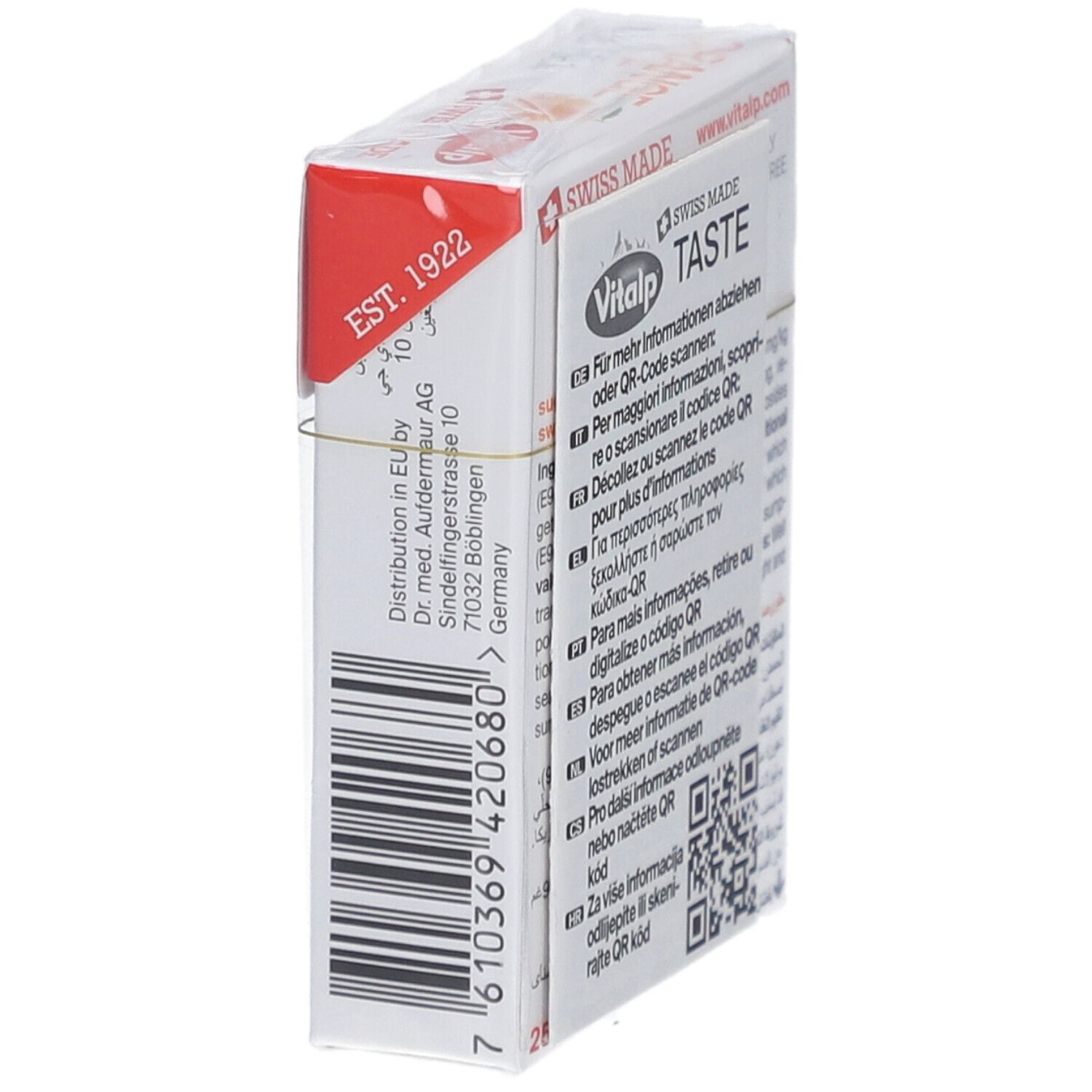 Zijaanzicht verpakking Vitalp Bonbons Sans Sucre Orange. Tekst en barcode.