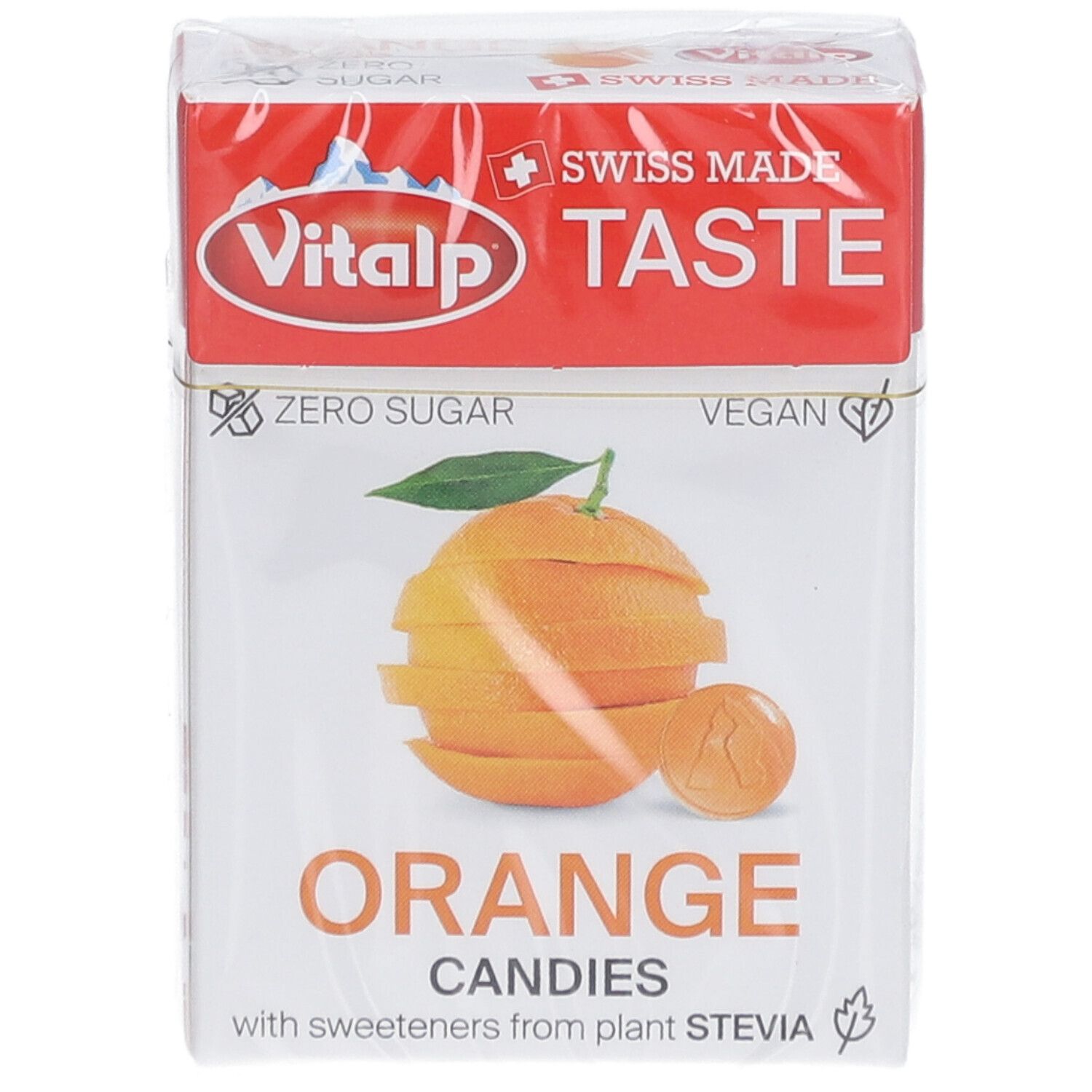 Verpakking Vitalp Bonbons Sans Sucre Orange. Afgebeelde sinaasappel. Tekst: Orange Candies, Zero Sugar, Vegan.