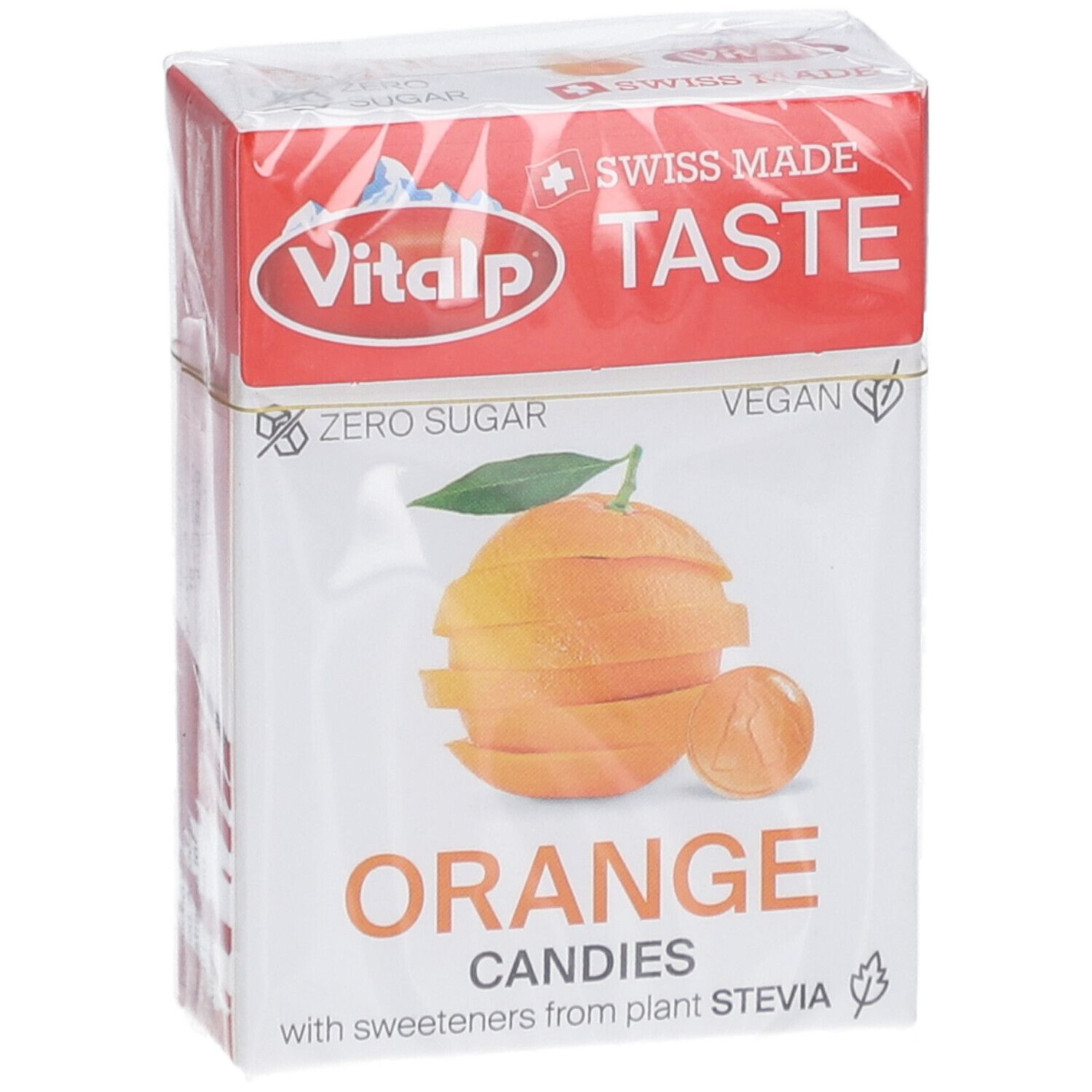Verpakking Vitalp Bonbons Sans Sucre Orange. Afgebeelde sinaasappel. Tekst: Orange Candies, Zero Sugar, Vegan.