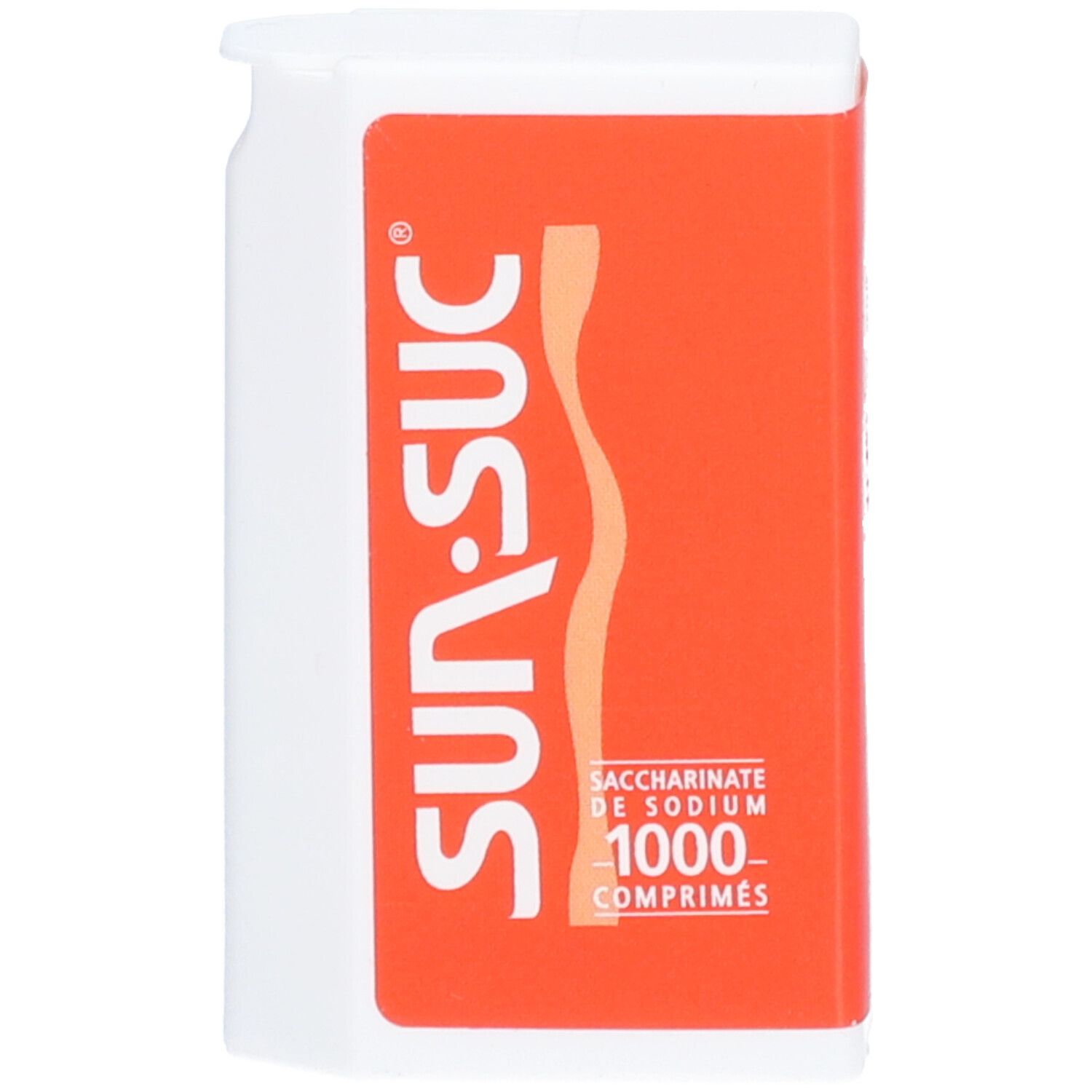 Weiße Tablettenspender mit orangefarbener Beschriftung. Aufschrift SUN-SUC, Saccharinate de Sodium, 1000 comprimés.