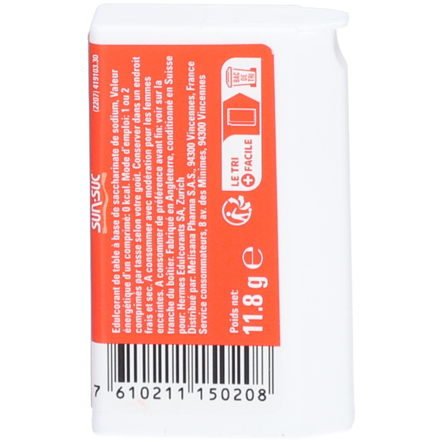 Tablettenspender mit orangefarbener Beschriftung. Aufschrift SUN-SUC, Saccharinate de Sodium, 1000 comprimés. Text und Barcode.