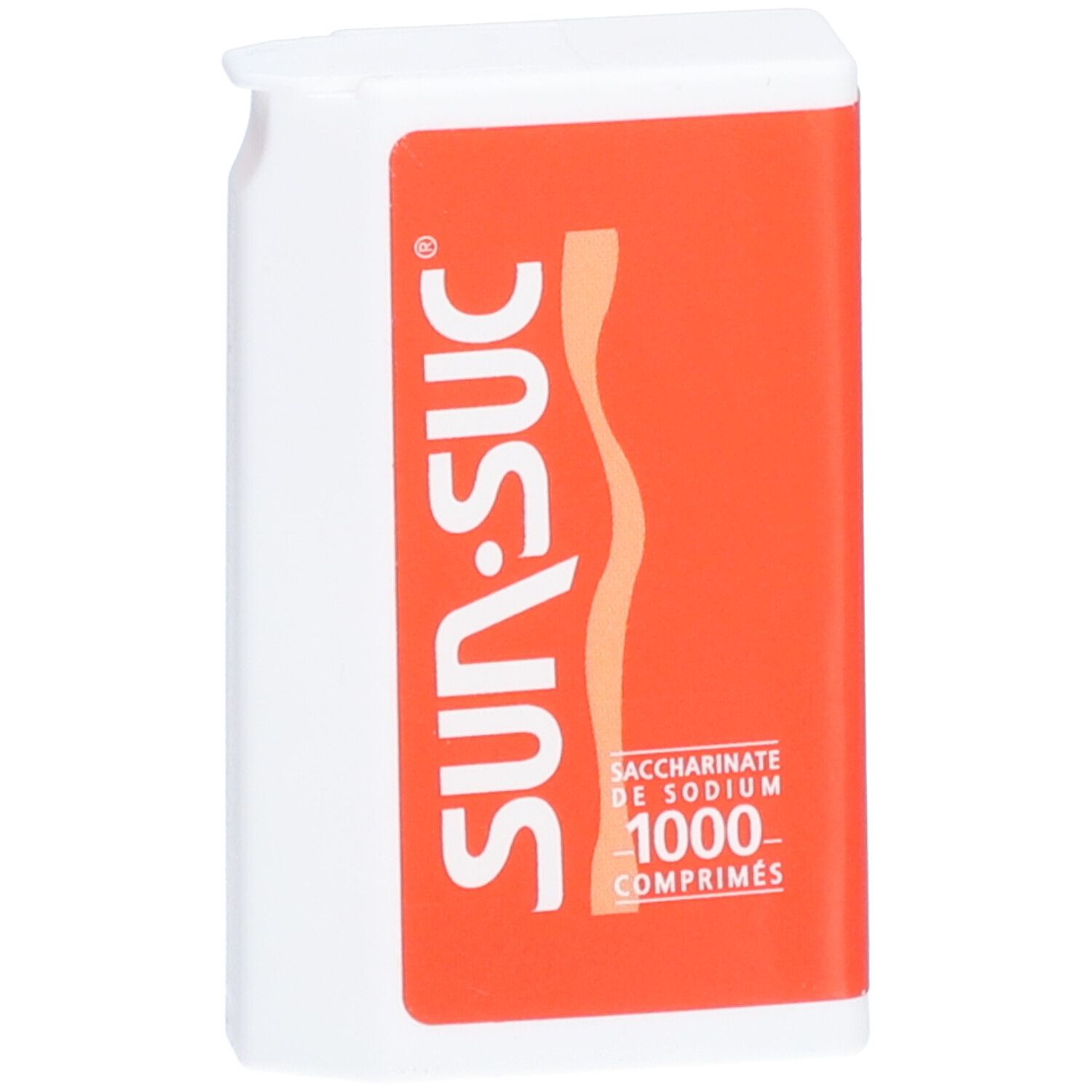 Tablettenspender mit orangefarbener Beschriftung. Aufschrift SUN-SUC, Saccharinate de Sodium, 1000 comprimés.
