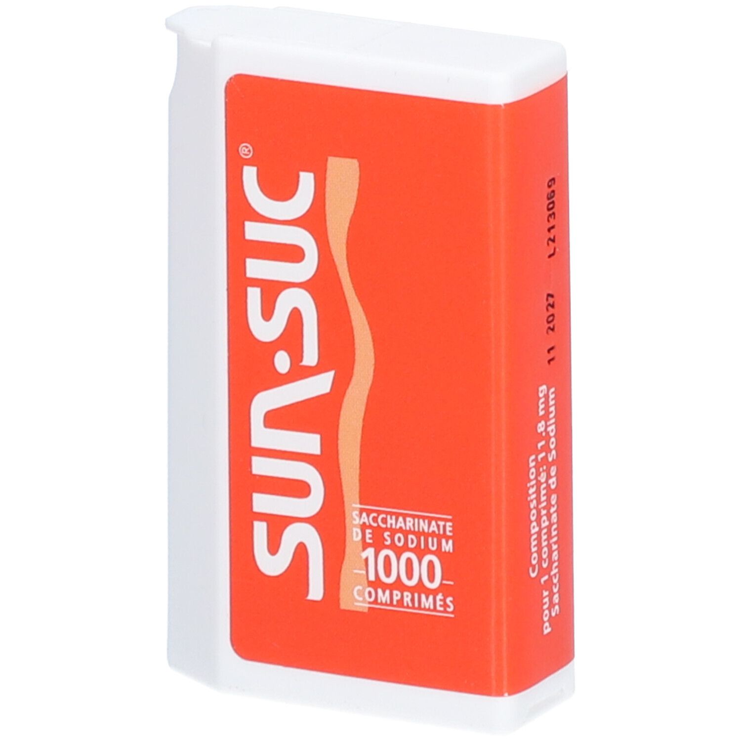 Tablettenspender mit orangefarbener Beschriftung. Aufschrift SUN-SUC, Saccharinate de Sodium, 1000 comprimés. Verfallsdatum.