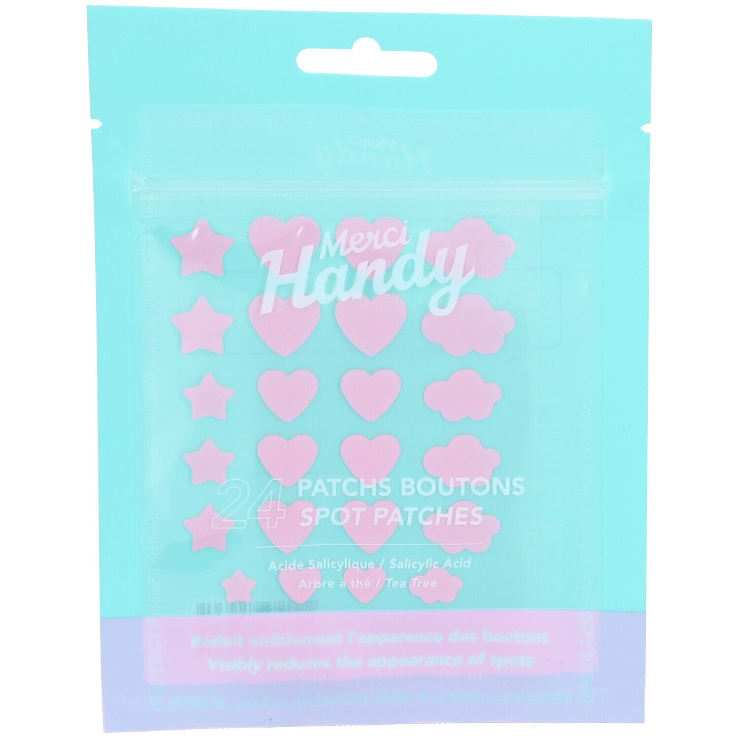 Paquet de 24 patchs boutons en forme de cœurs, étoiles et nuages. Marque Merci Handy, emballage transparent.