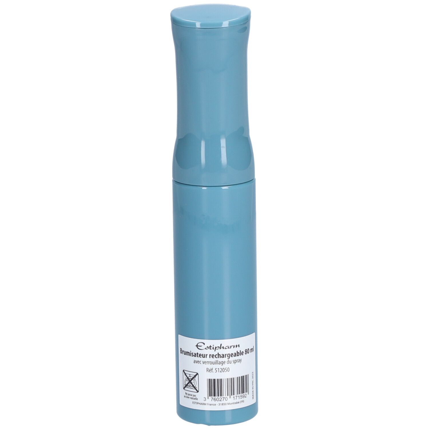 Blauwe vernevelaar. Opschrift: Estipharm, Brumisateur rechargeable 80 ml, met sproeier.