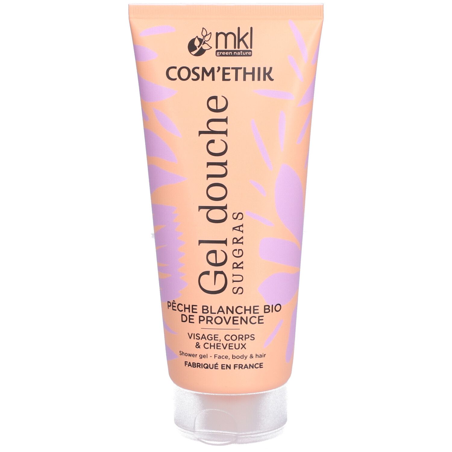 Tube de gel douche surgras Pêche Blanche BIO. Face avant avec texte et logo. Design orange clair et lilas.