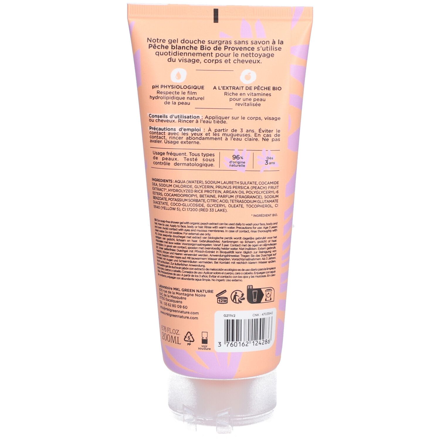 Dos du gel douche surgras. Texte, ingrédients, logos et code-barres. Design orange clair et lilas.
