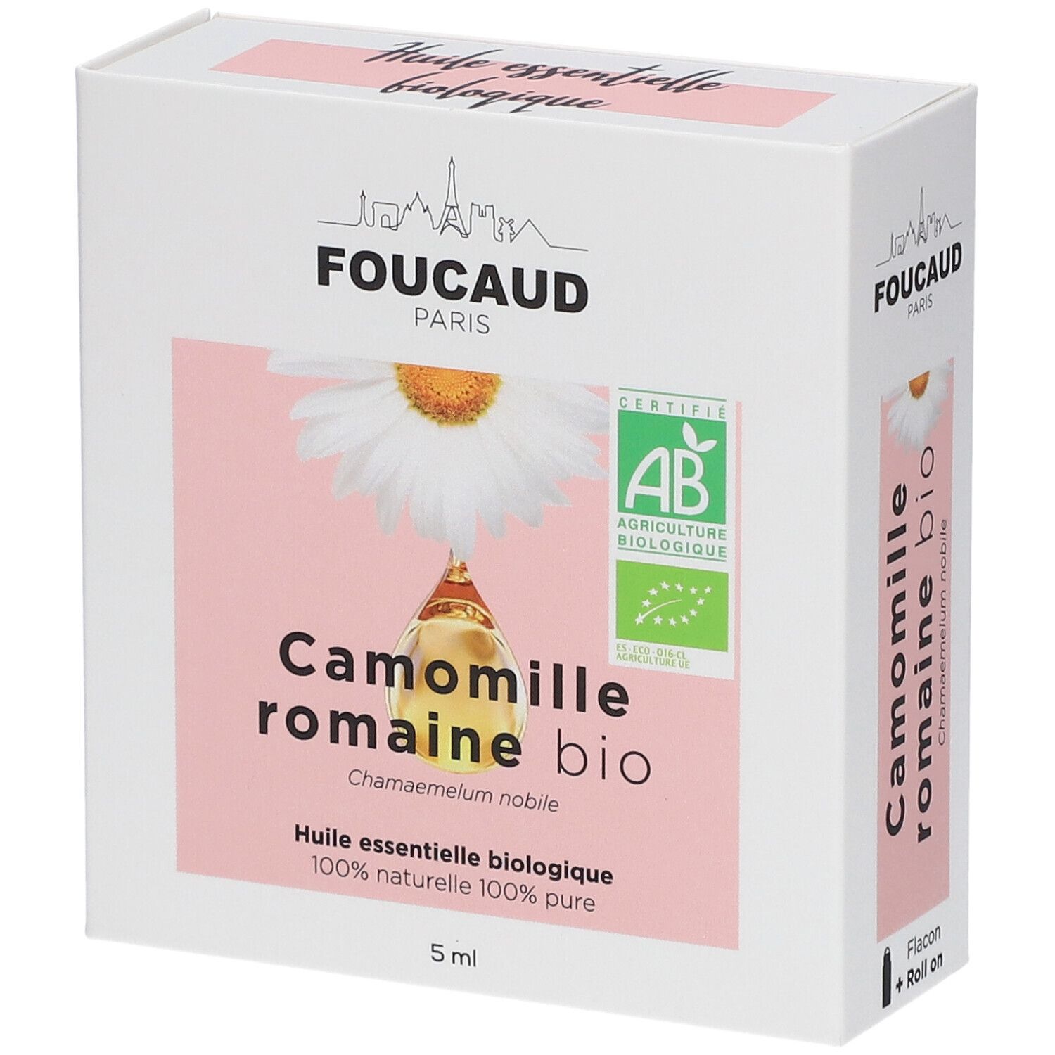 Verpackung von FOUCAUD Ätherisches Öl Römische Kamille bio. Mit AB-Zertifizierung. 5 ml Flasche mit Roll-on.