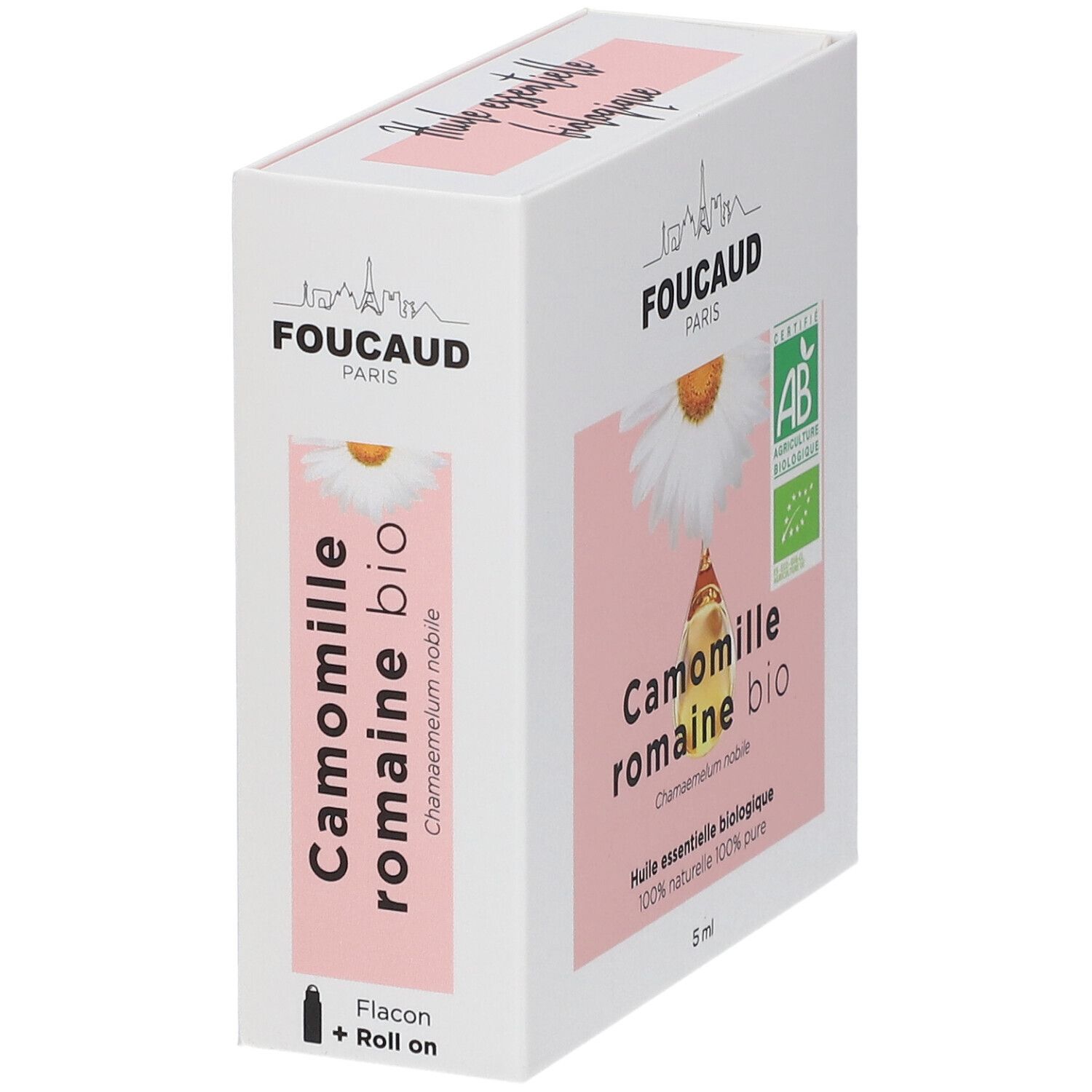 FOUCAUD Ätherisches Öl Römische Kamille bio Verpackung. Flasche mit Roll-on. AB-Zertifizierung. 5 ml.