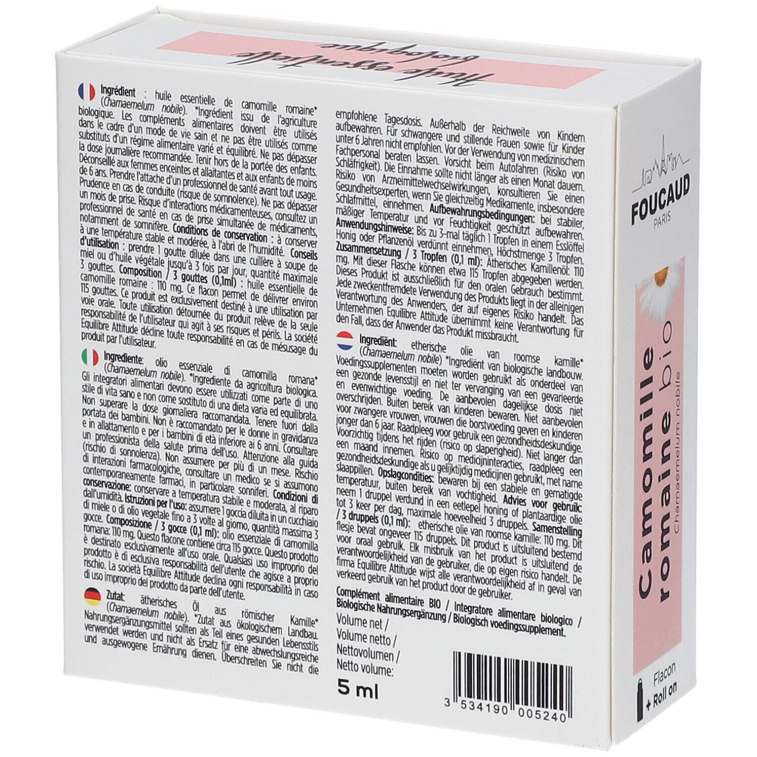 Rückseite der FOUCAUD Ätherisches Öl Römische Kamille bio Verpackung. Text in mehreren Sprachen. 5 ml.