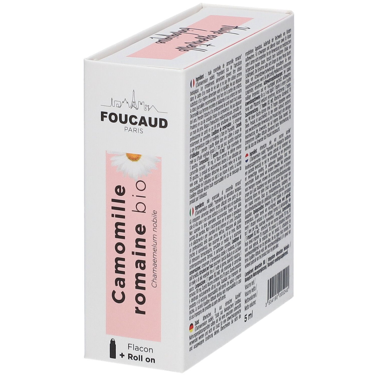 FOUCAUD Ätherisches Öl Römische Kamille bio Verpackung. Flasche mit Roll-on. Text in mehreren Sprachen. 5 ml.