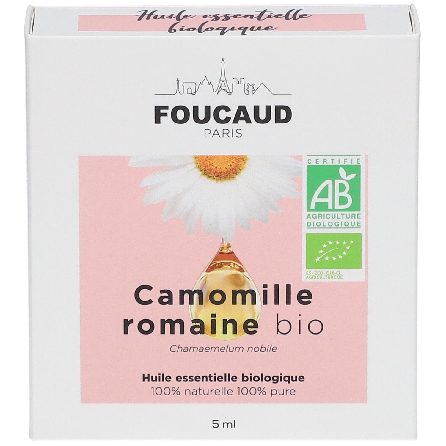 FOUCAUD Ätherisches Öl Römische Kamille bio Verpackung. AB-Zertifizierung. 5 ml Flasche.