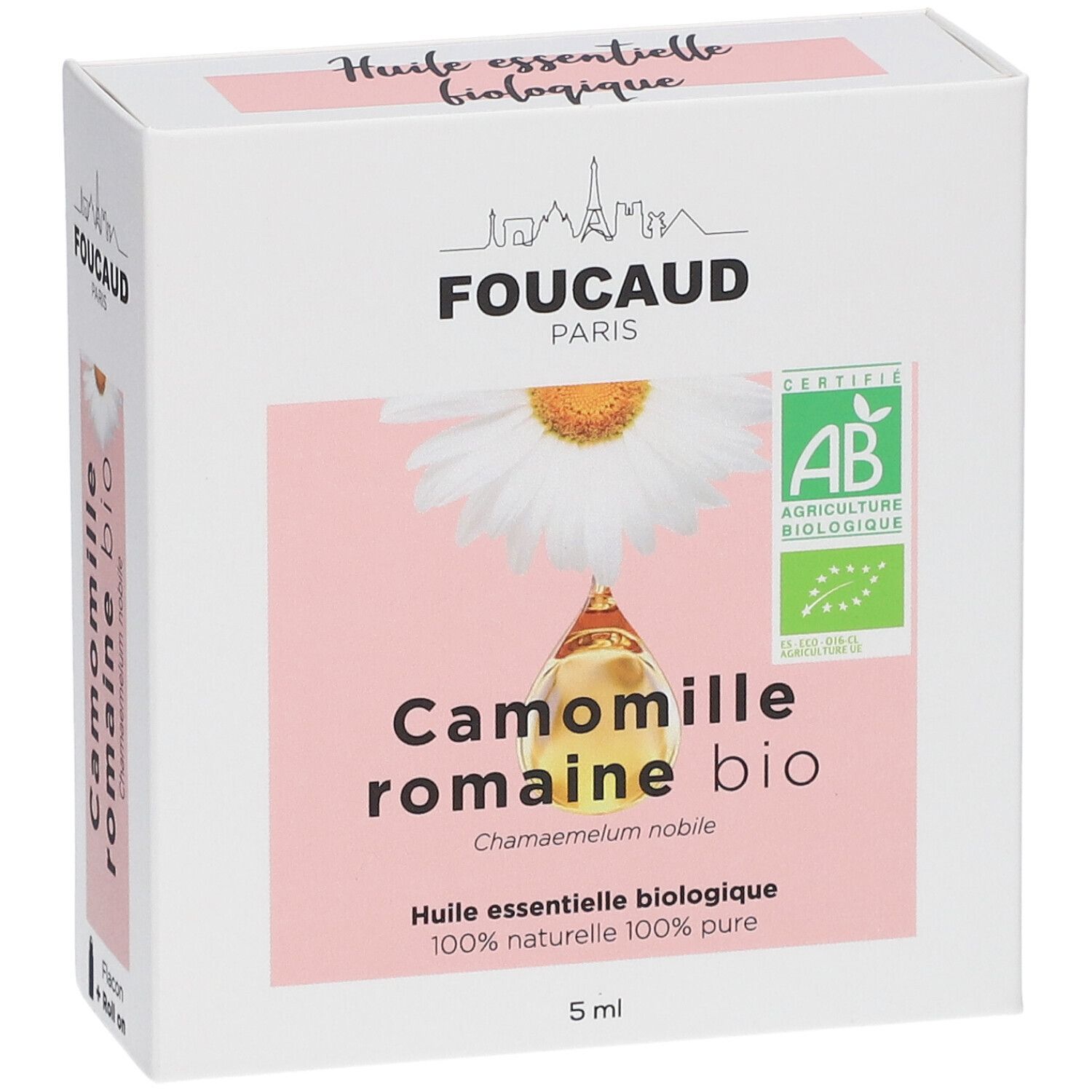 FOUCAUD Ätherisches Öl Römische Kamille bio Verpackung. AB-Zertifizierung. 5 ml Flasche.