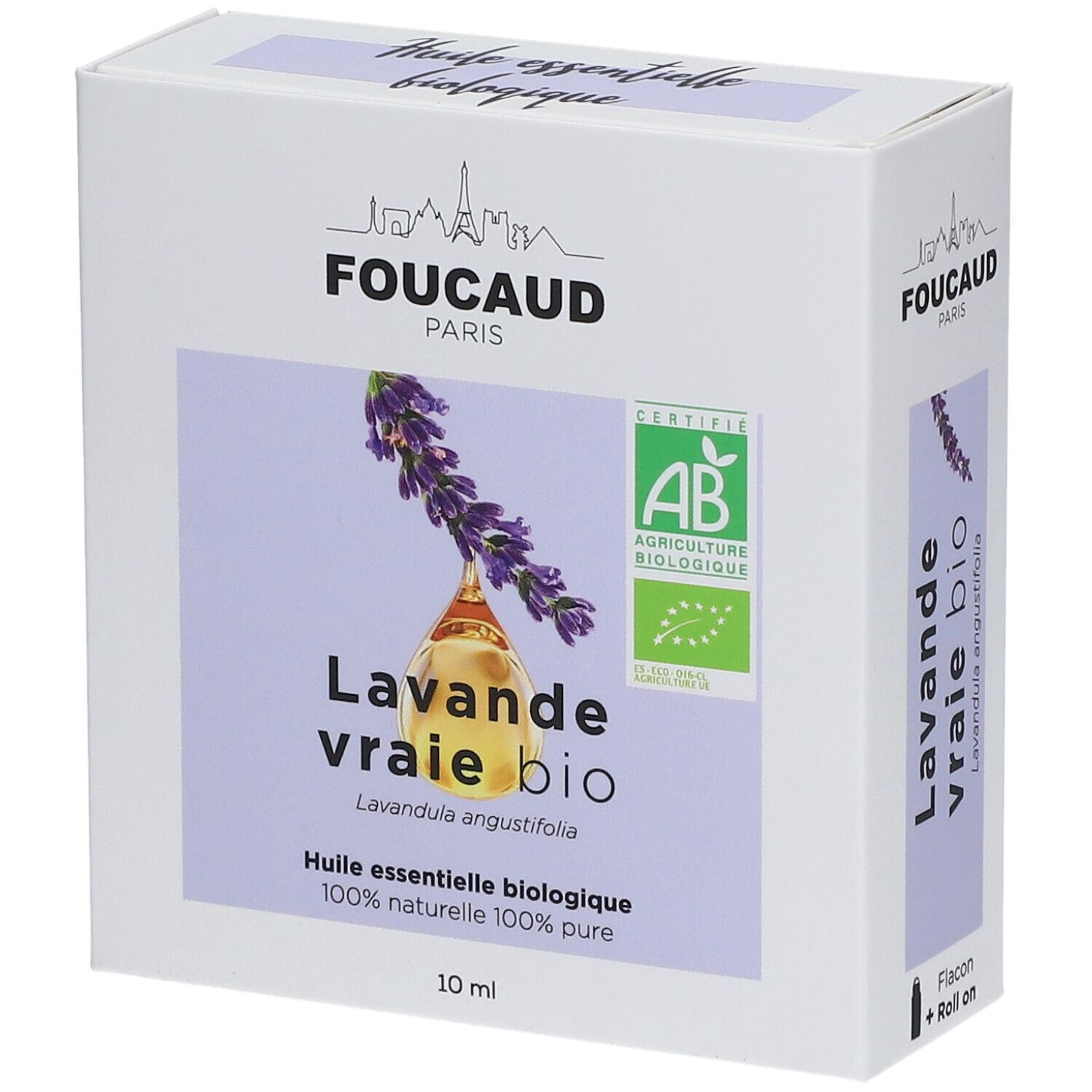 Verpackung mit Lavendel-Öl. Marke FOUCAUD PARIS. Zertifiziert AB Agriculture Biologique. 10 ml.