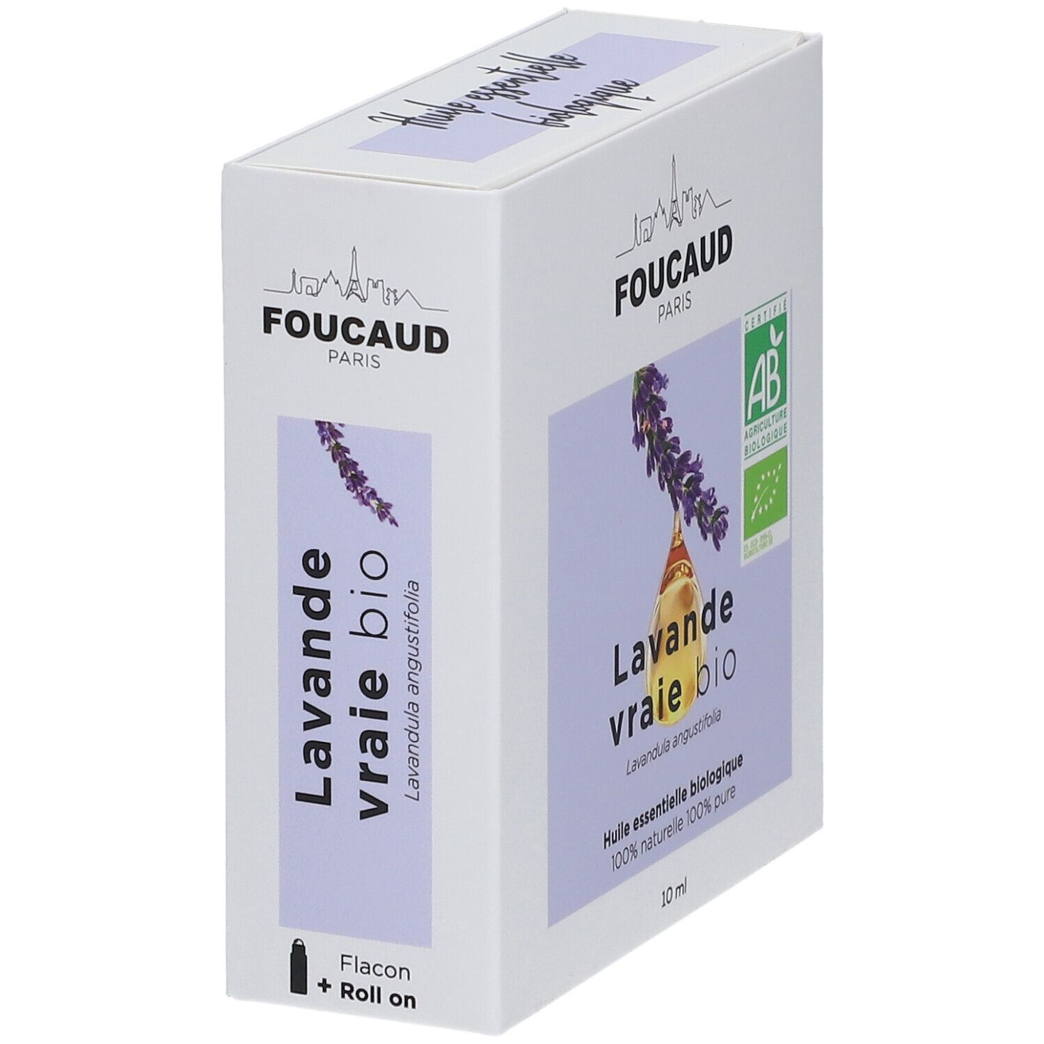 Verpackung mit Lavendel-Öl. Marke FOUCAUD PARIS. Flakon + Roll-on. Zertifiziert AB.