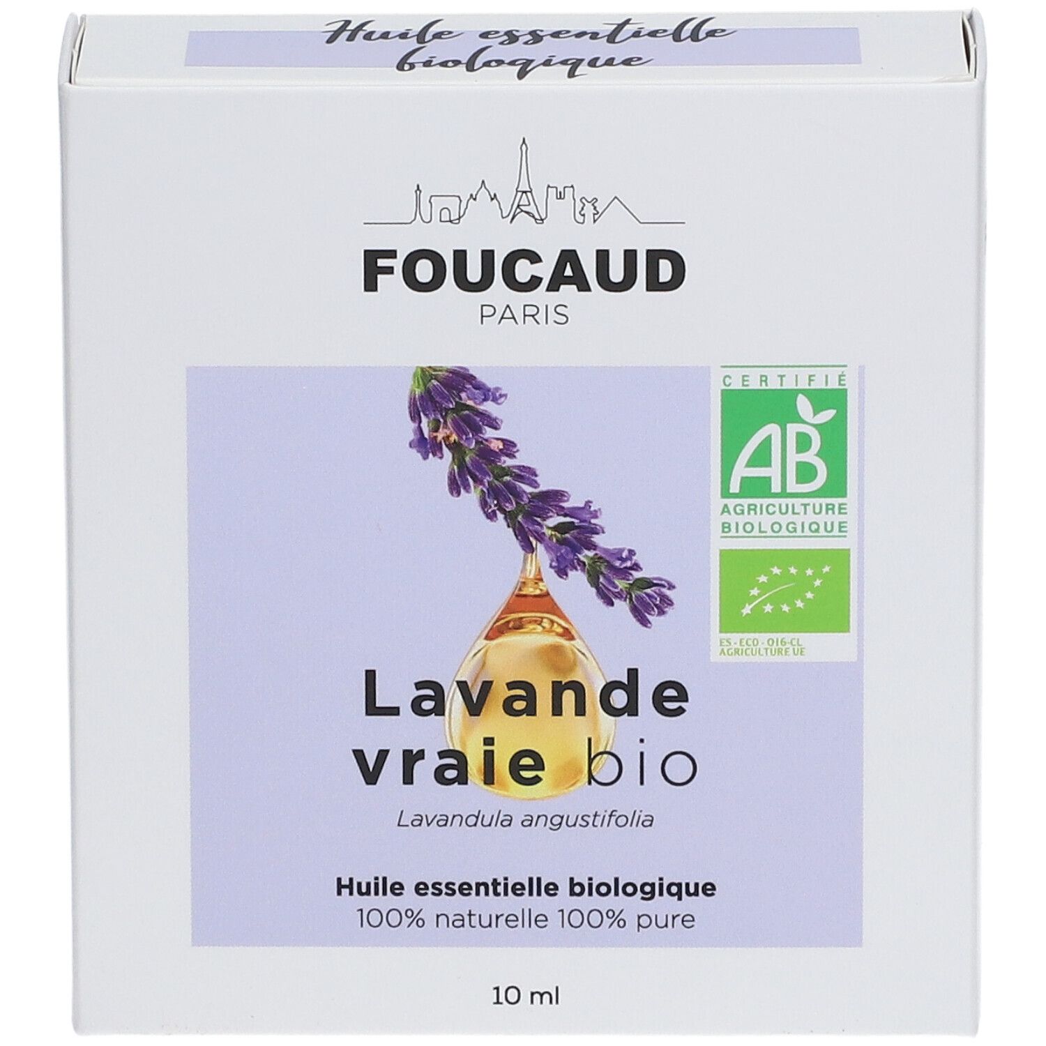 Verpackung mit Lavendel-Öl. Marke FOUCAUD PARIS. Zertifiziert AB Agriculture Biologique. 10 ml.