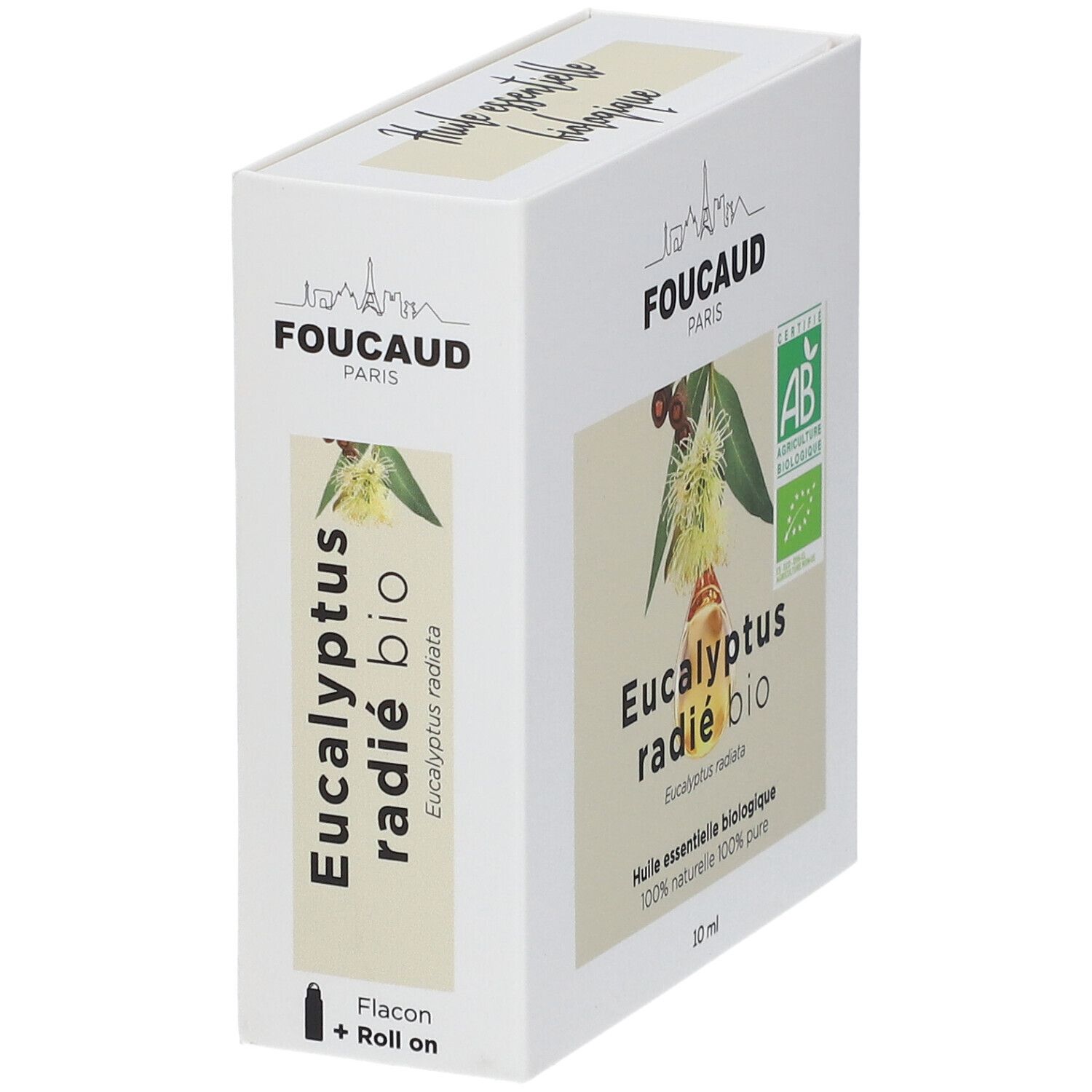Weiße Verpackung mit Produktbezeichnung: FOUCAUD Ätherisches Öl Eukalyptus radiata bio. Mit Flakon + Roll-on-Symbol.