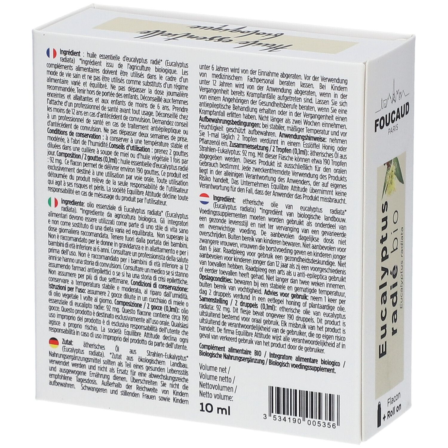 Rückseite der weißen Verpackung mit Text in mehreren Sprachen. Enthält Informationen zu Inhaltsstoffen und Anwendung.
