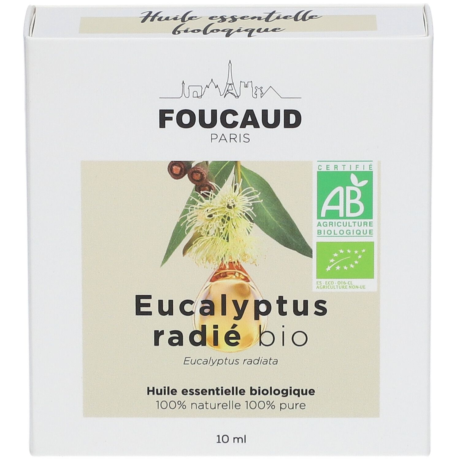 Weiße Verpackung mit Produktbezeichnung: FOUCAUD Ätherisches Öl Eukalyptus radiata bio. Mit AB-Bio-Siegel und 10 ml.