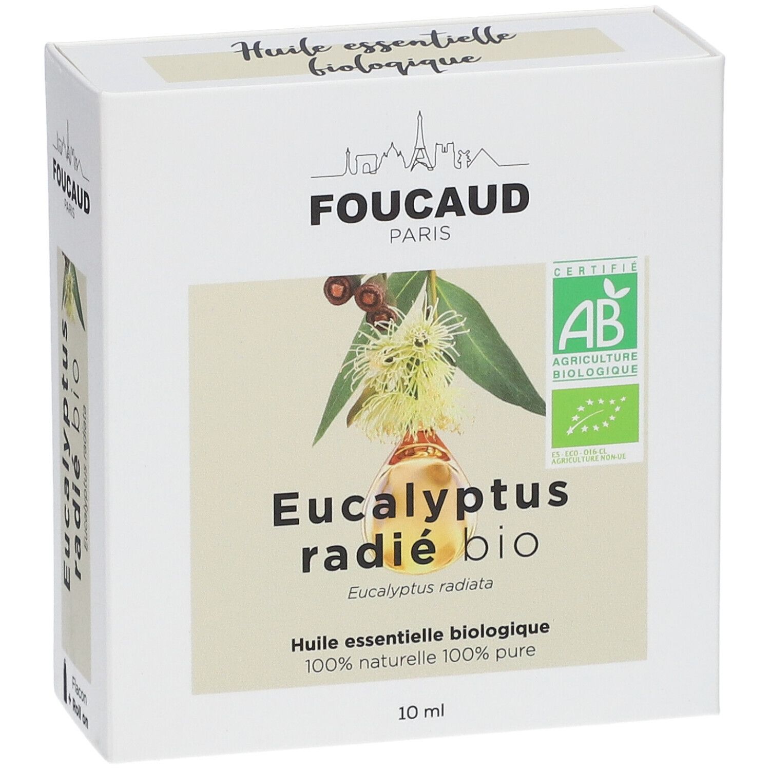 Weiße Verpackung mit Produktbezeichnung: FOUCAUD Ätherisches Öl Eukalyptus radiata bio. Mit AB-Bio-Siegel und 10 ml.
