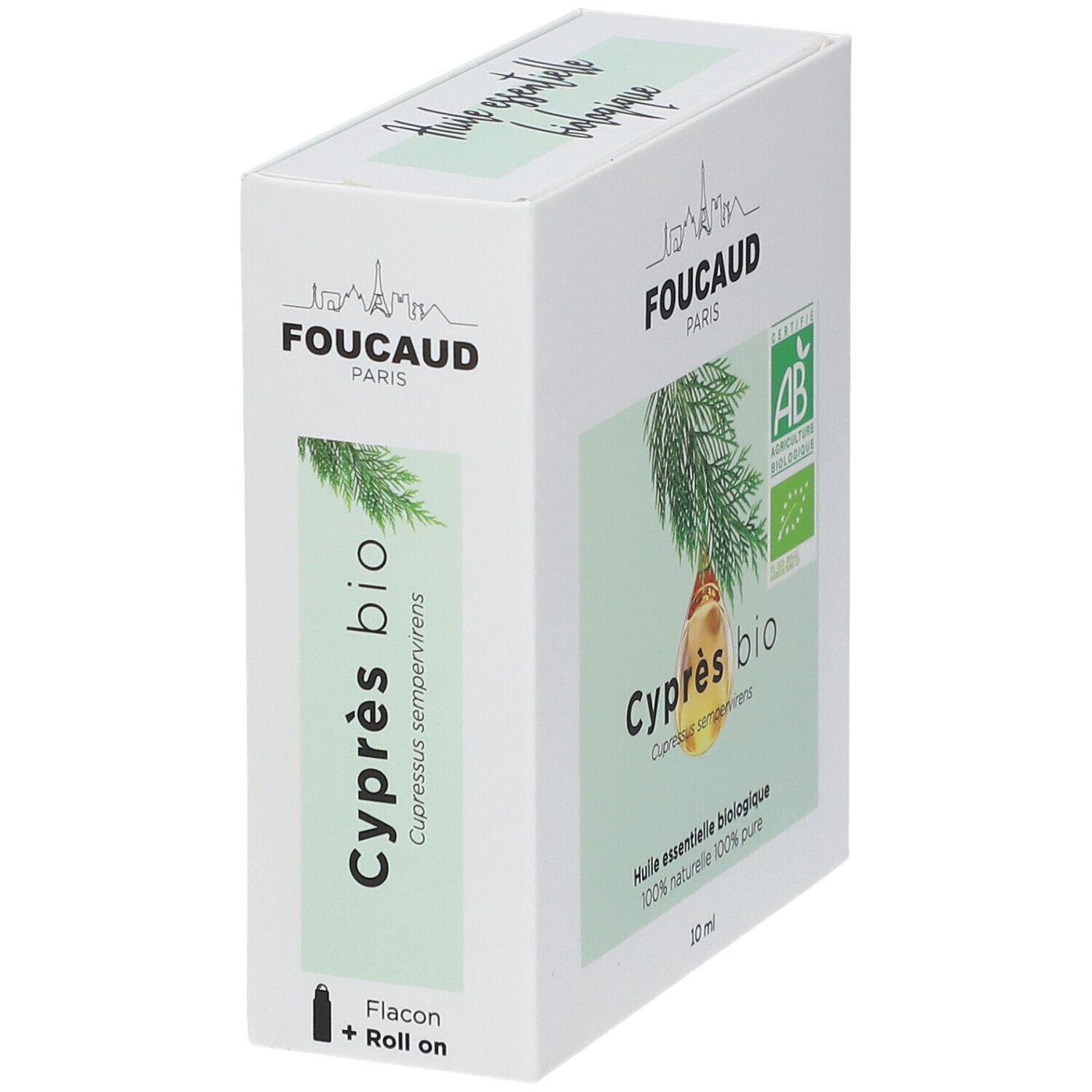 Verpackung von FOUCAUD Ätherisches Öl Zypresse bio. Mit Flakon + Roll-on. Bio-Zertifizierung.