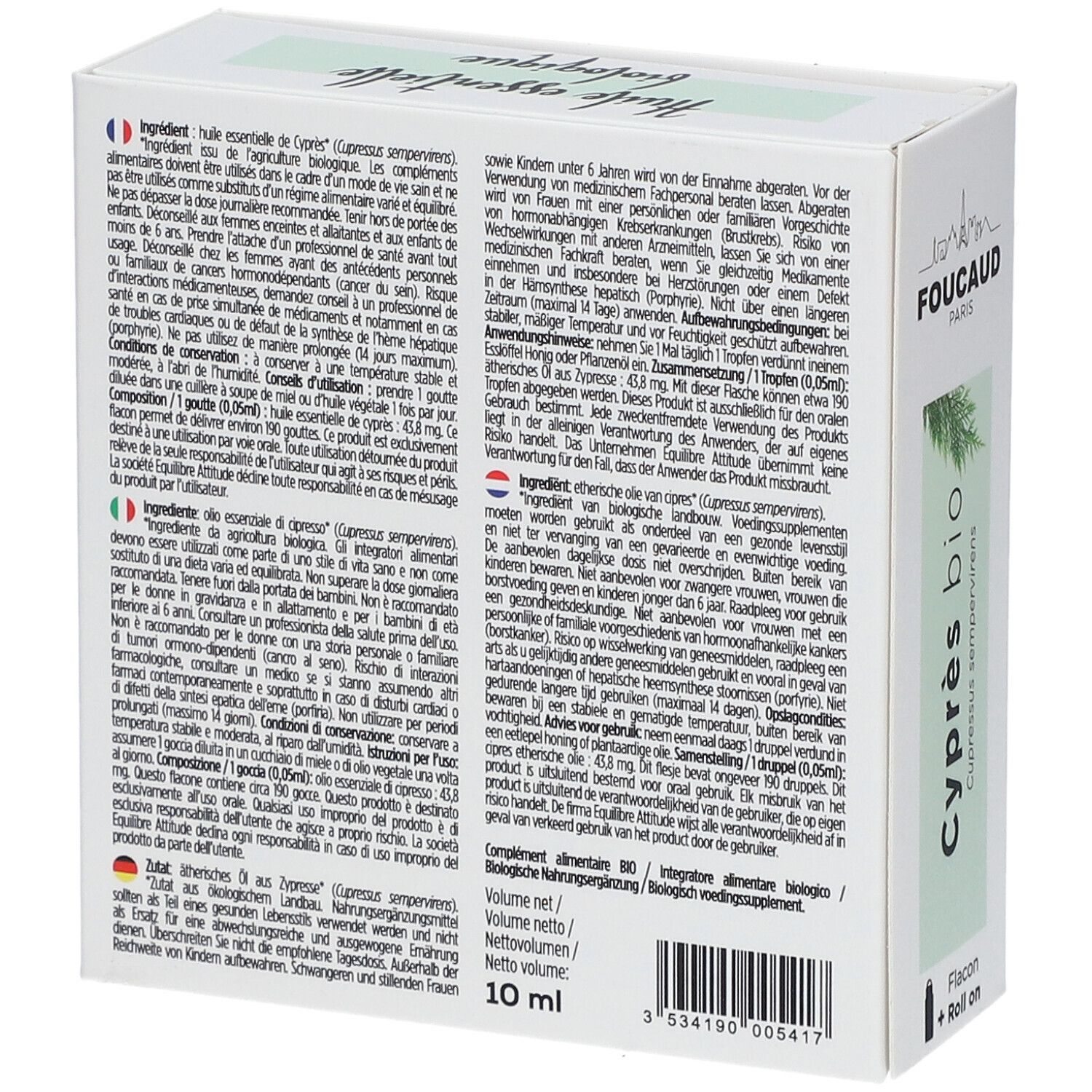 Rückseite der Verpackung von FOUCAUD Ätherisches Öl Zypresse bio. Text in mehreren Sprachen. 10 ml.