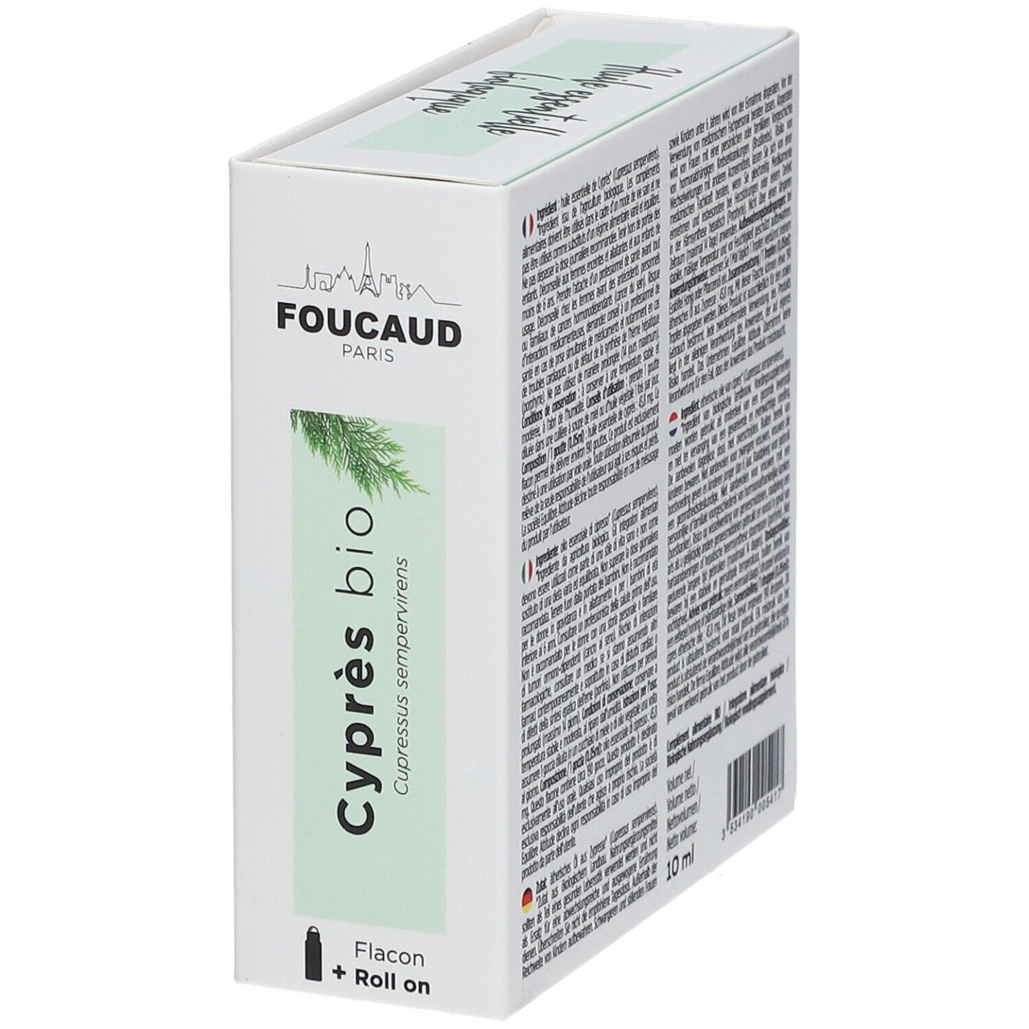 Verpackung von FOUCAUD Ätherisches Öl Zypresse bio. Text in mehreren Sprachen. Flakon + Roll-on.