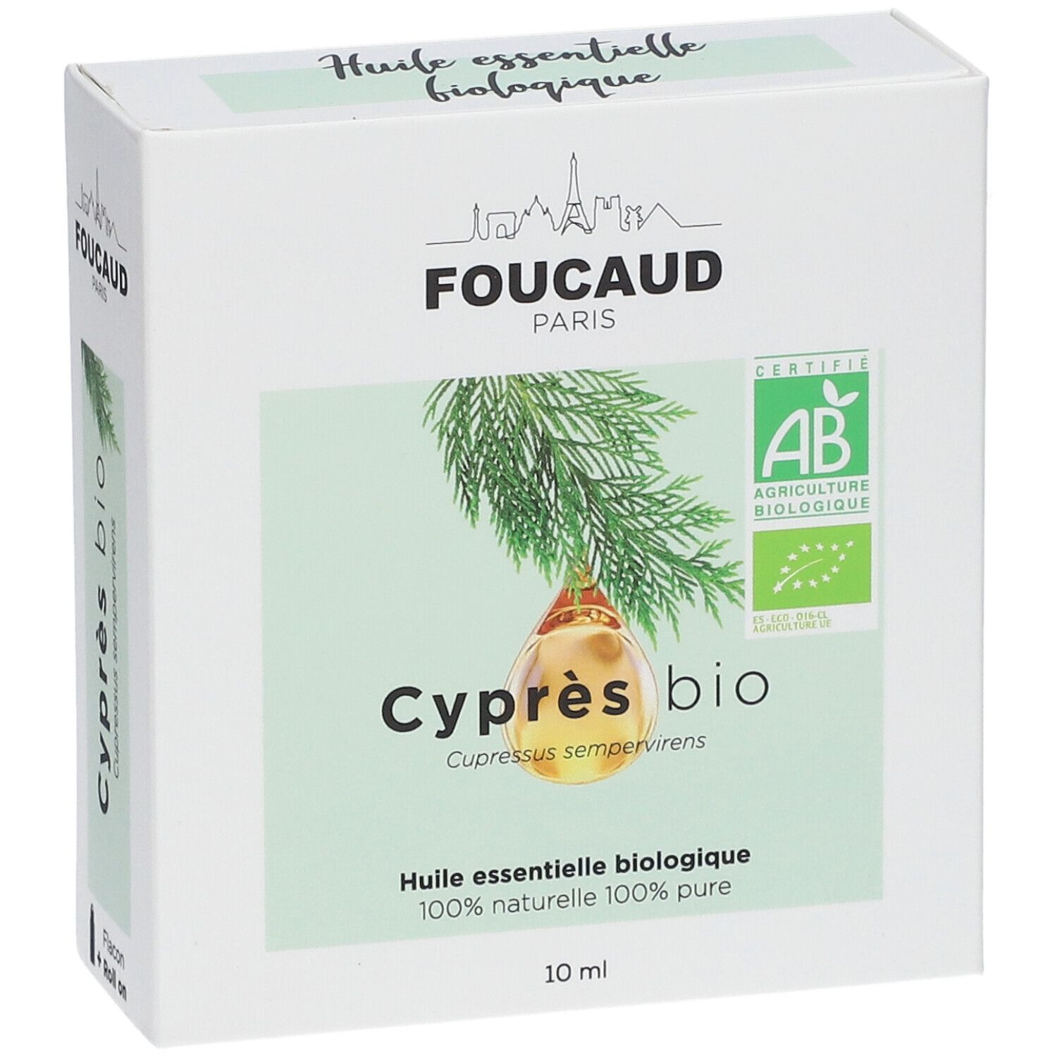 Verpackung von FOUCAUD Ätherisches Öl Zypresse bio. Bio-Zertifizierung. 10 ml.
