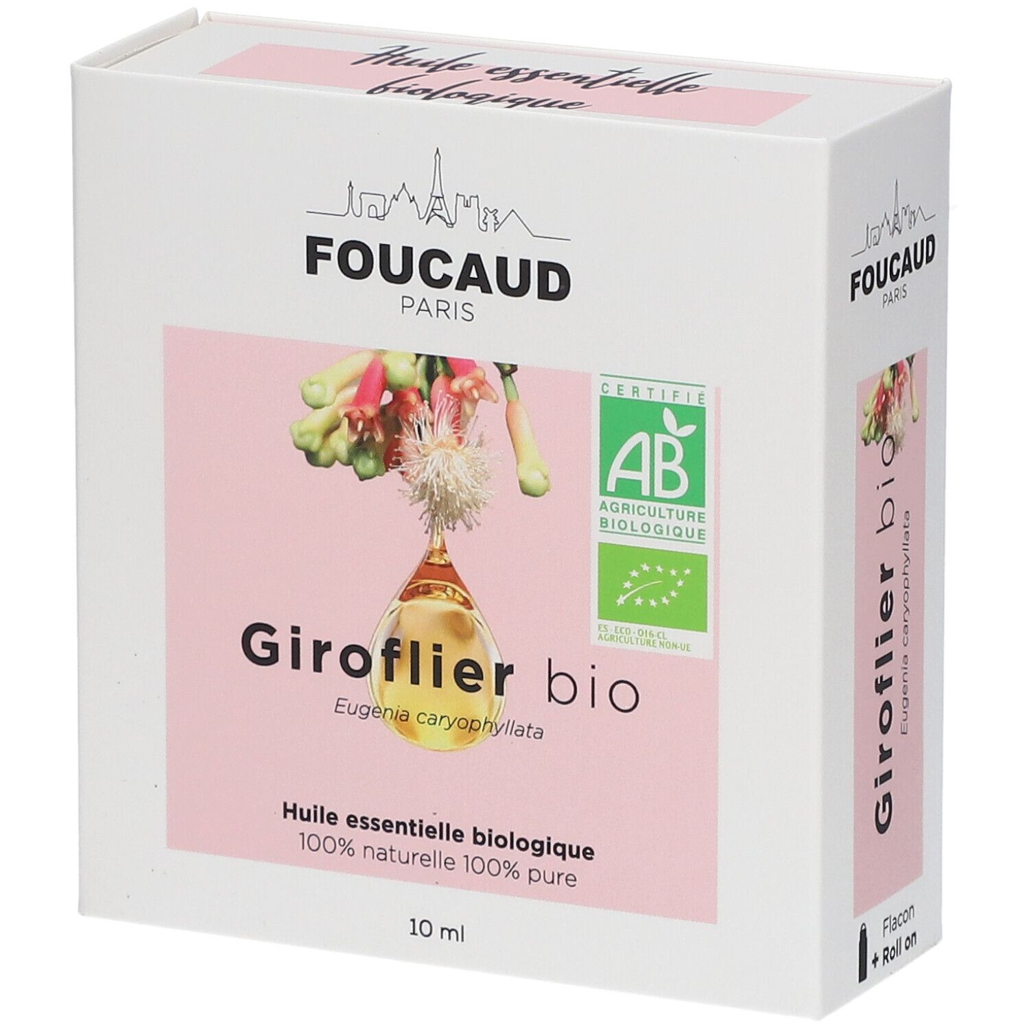 Boîte blanche, accents roses. FOUCAUD PARIS, Giroflier bio, certification AB, 10 ml.