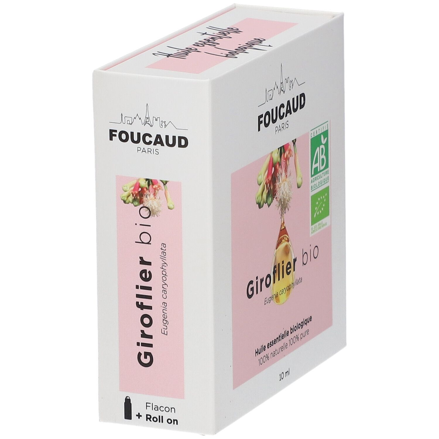 Boîte, FOUCAUD PARIS, Giroflier bio, certification AB, Flacon + Roll-on. Détails roses.
