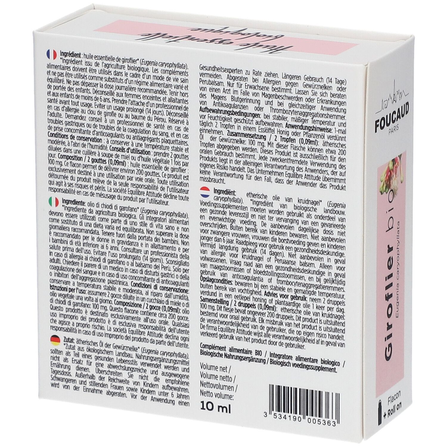 Dos de la boîte. Texte en allemand, français, italien. FOUCAUD PARIS, Giroflier bio, 10 ml.