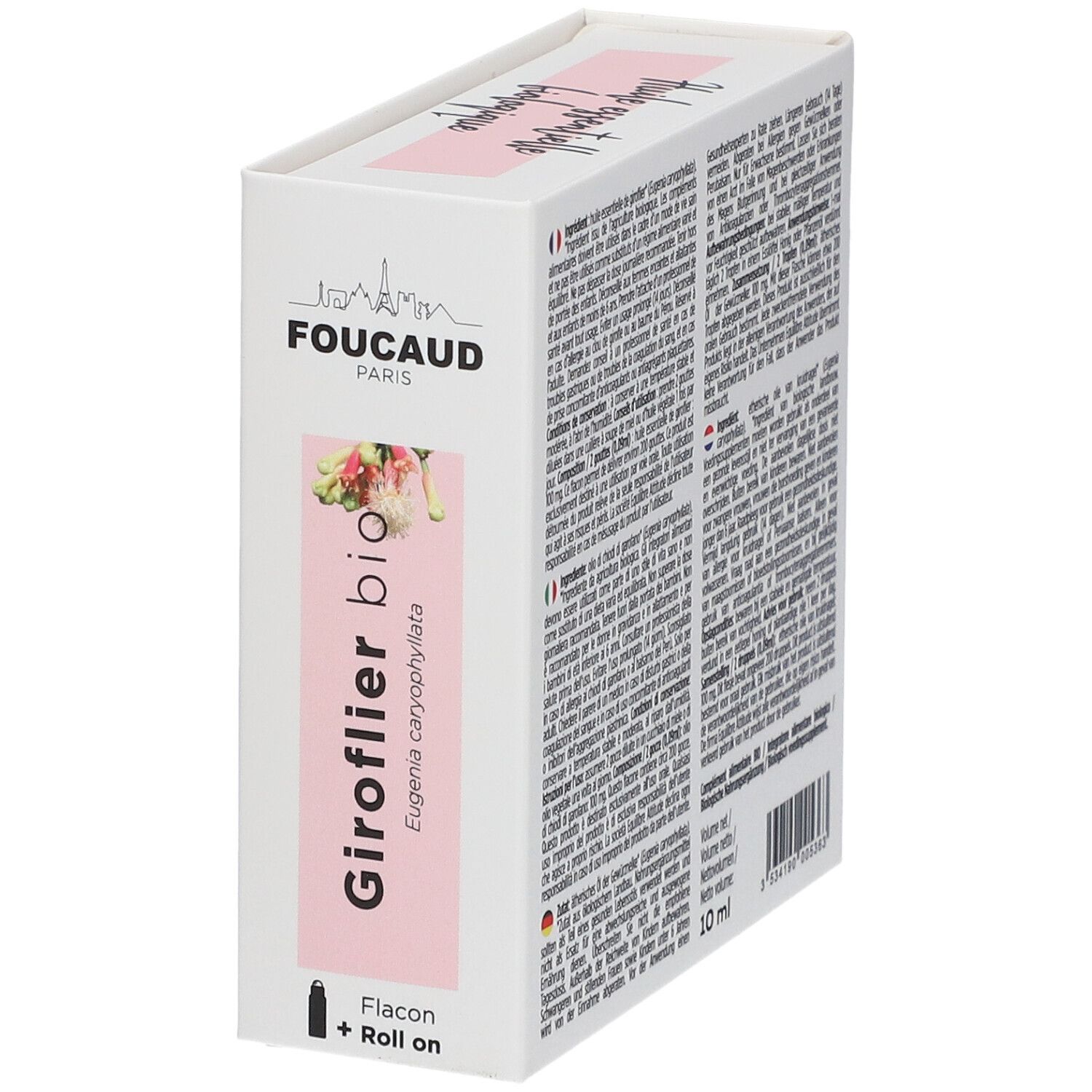Boîte, texte en allemand, français, italien. FOUCAUD PARIS, Giroflier bio, 10 ml.