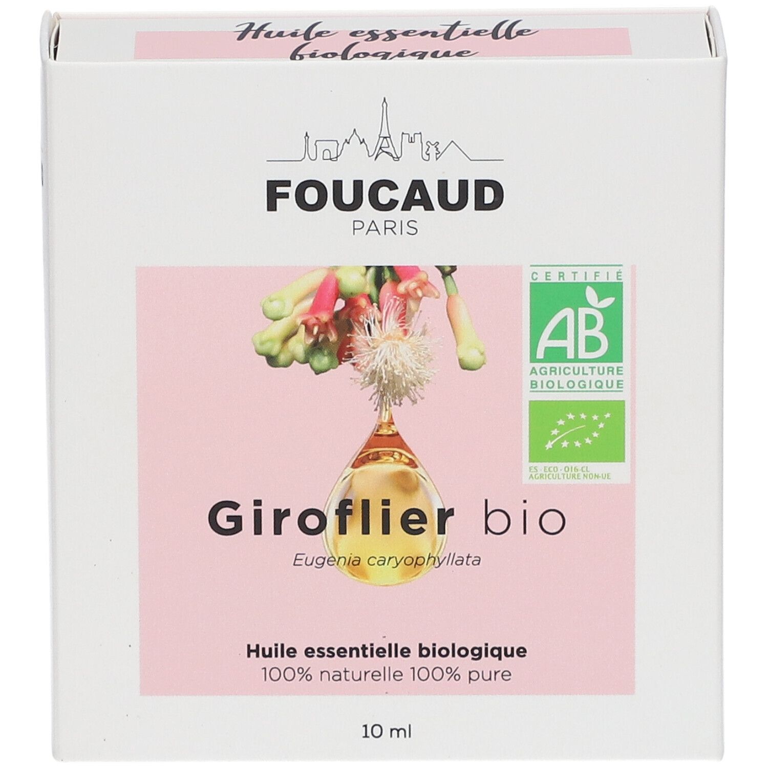 Boîte blanche, FOUCAUD PARIS, Giroflier bio, certification AB, 10 ml. Détails roses.