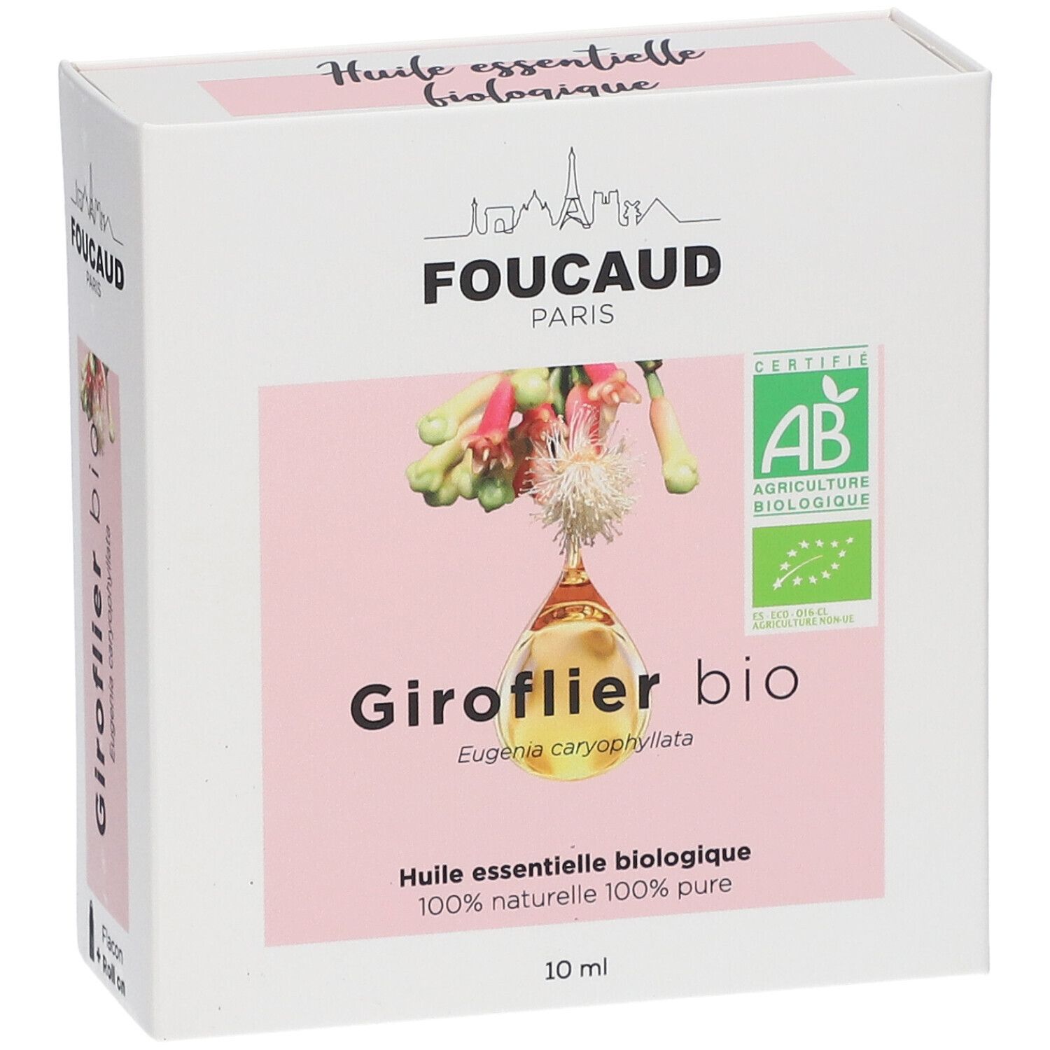 Boîte blanche, FOUCAUD PARIS, Giroflier bio, certification AB, 10 ml. Détails roses.