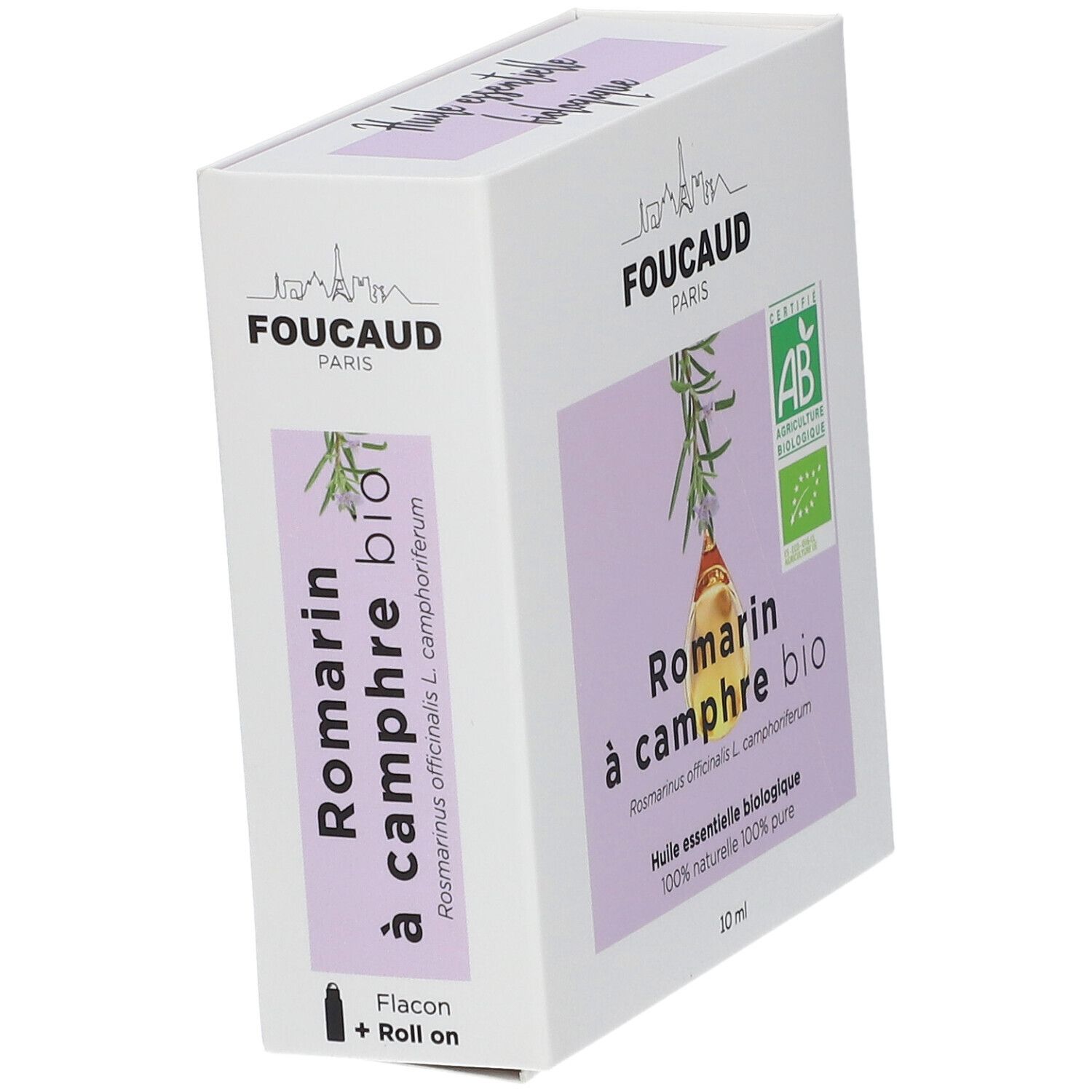 Schräg gestellte Produktverpackung. "Romarin à camphre bio" und Flakon-Symbol. AB-Zertifizierung.