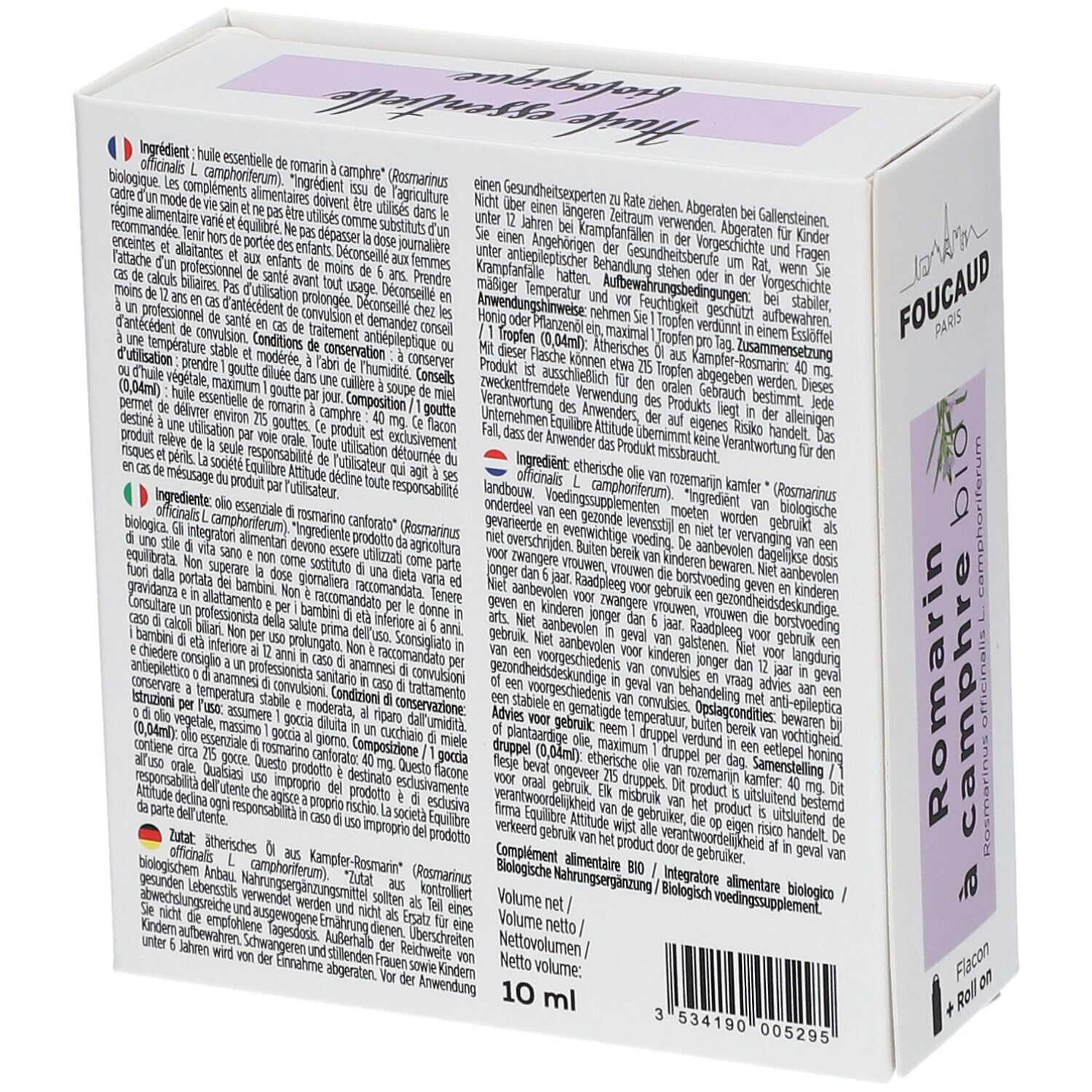 Rückseite der Produktverpackung. Text in mehreren Sprachen. "Romarin à camphre bio" und Flakon-Symbol.