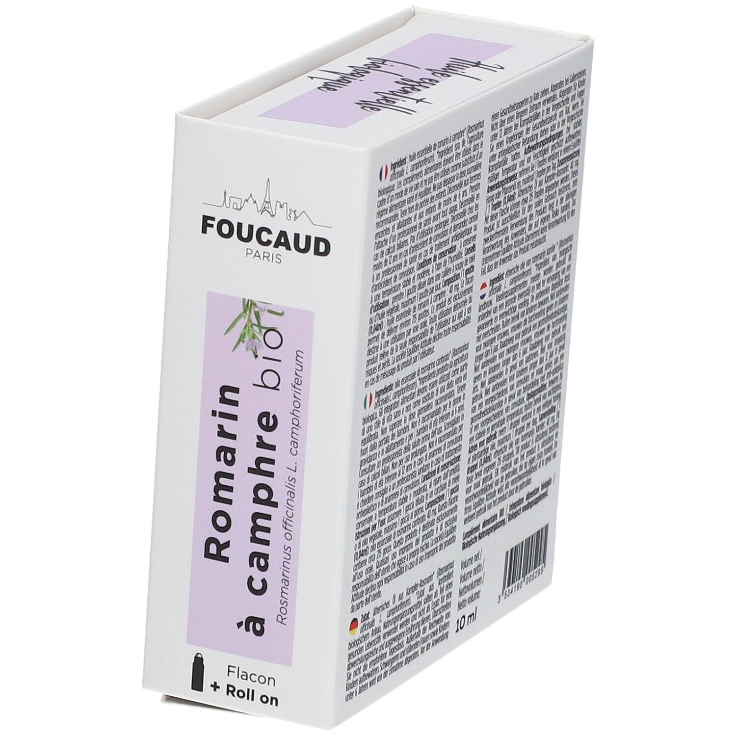 Schräg gestellte Produktverpackung. Text in mehreren Sprachen. "Romarin à camphre bio".