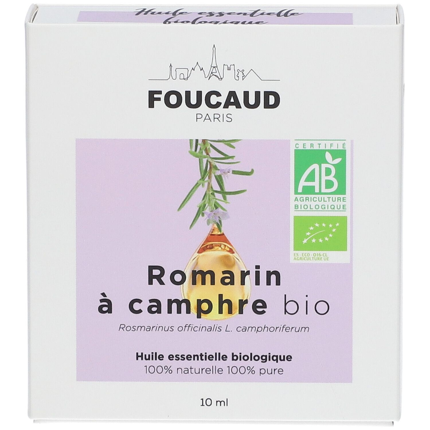 Produktverpackung mit Etikett. "Romarin à camphre bio", AB-Zertifizierung. 10 ml.