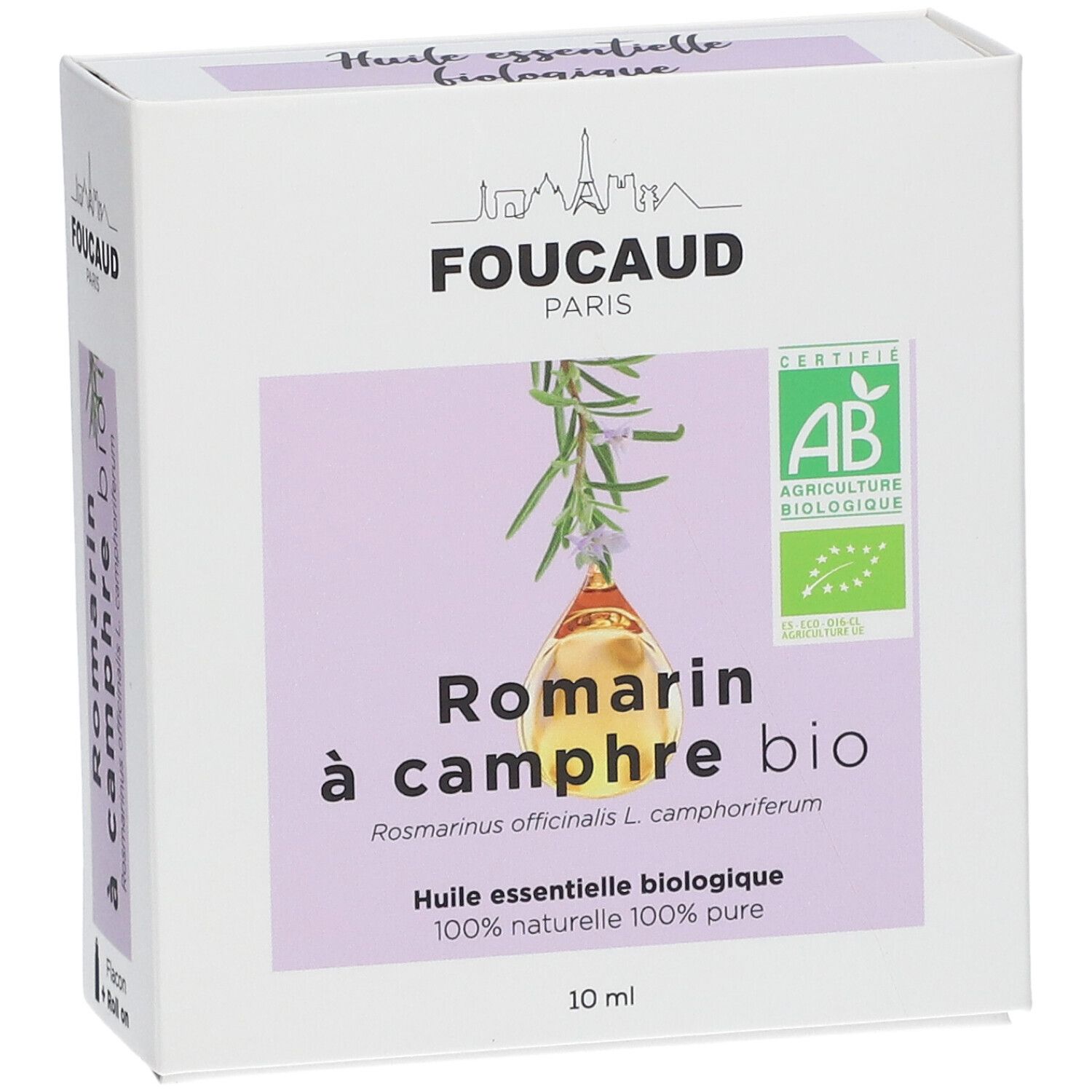 Produktverpackung mit Etikett. "Romarin à camphre bio", AB-Zertifizierung. 10 ml.