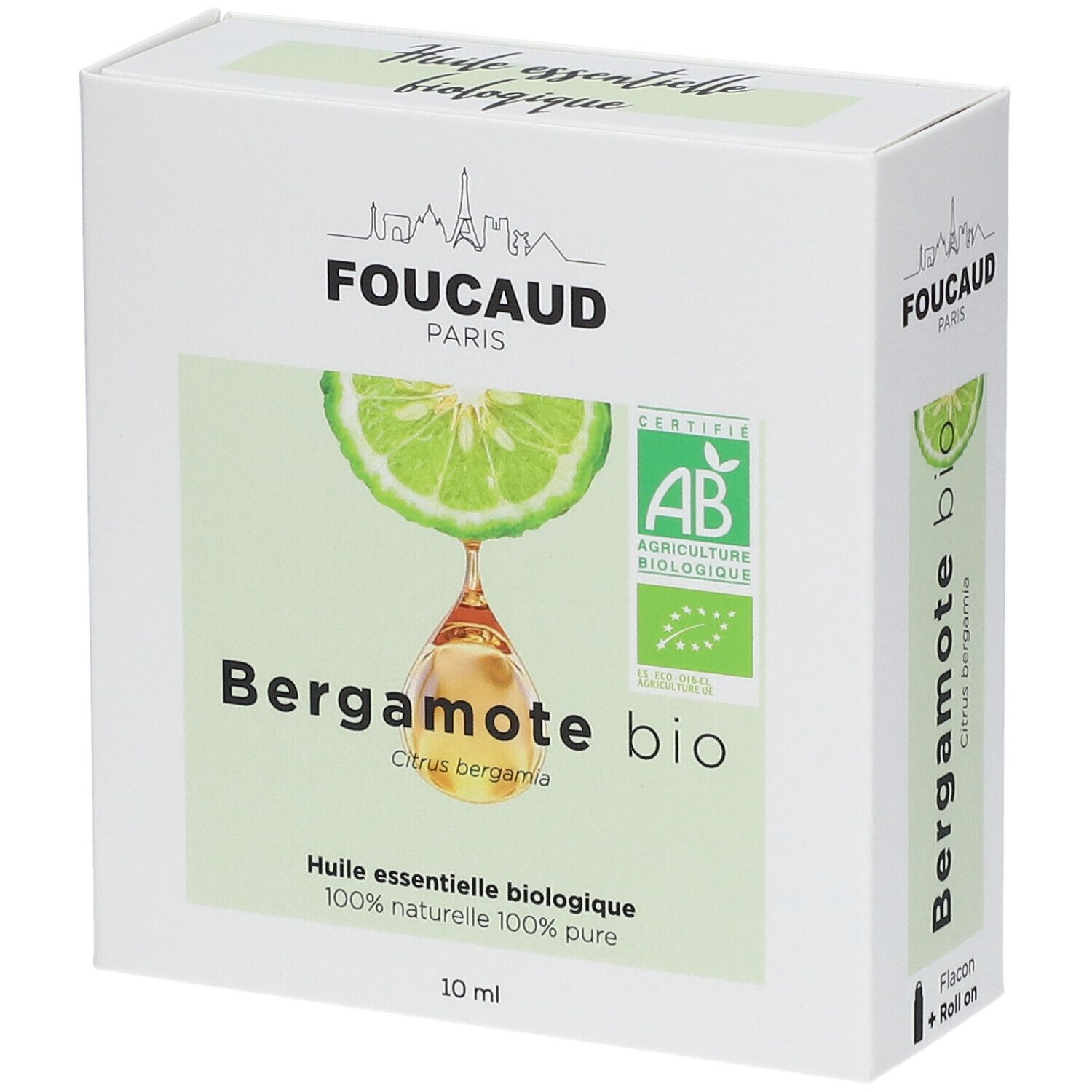 Weiße Verpackung mit Produktabbildung und Text. "Bergamote bio" und "Huile essentielle biologique". AB-Siegel.