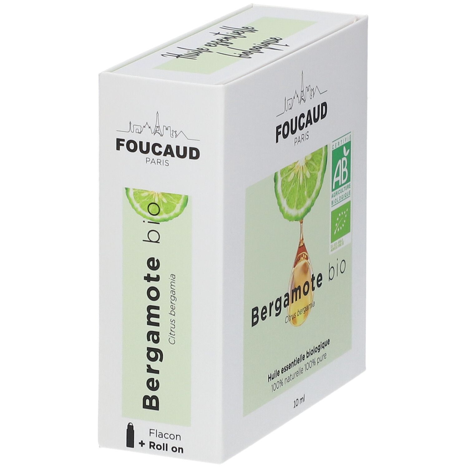 Weiße Verpackung, seitliche Ansicht. "Bergamote bio" und "Flacon + Roll on". AB-Siegel und Produktabbildung.