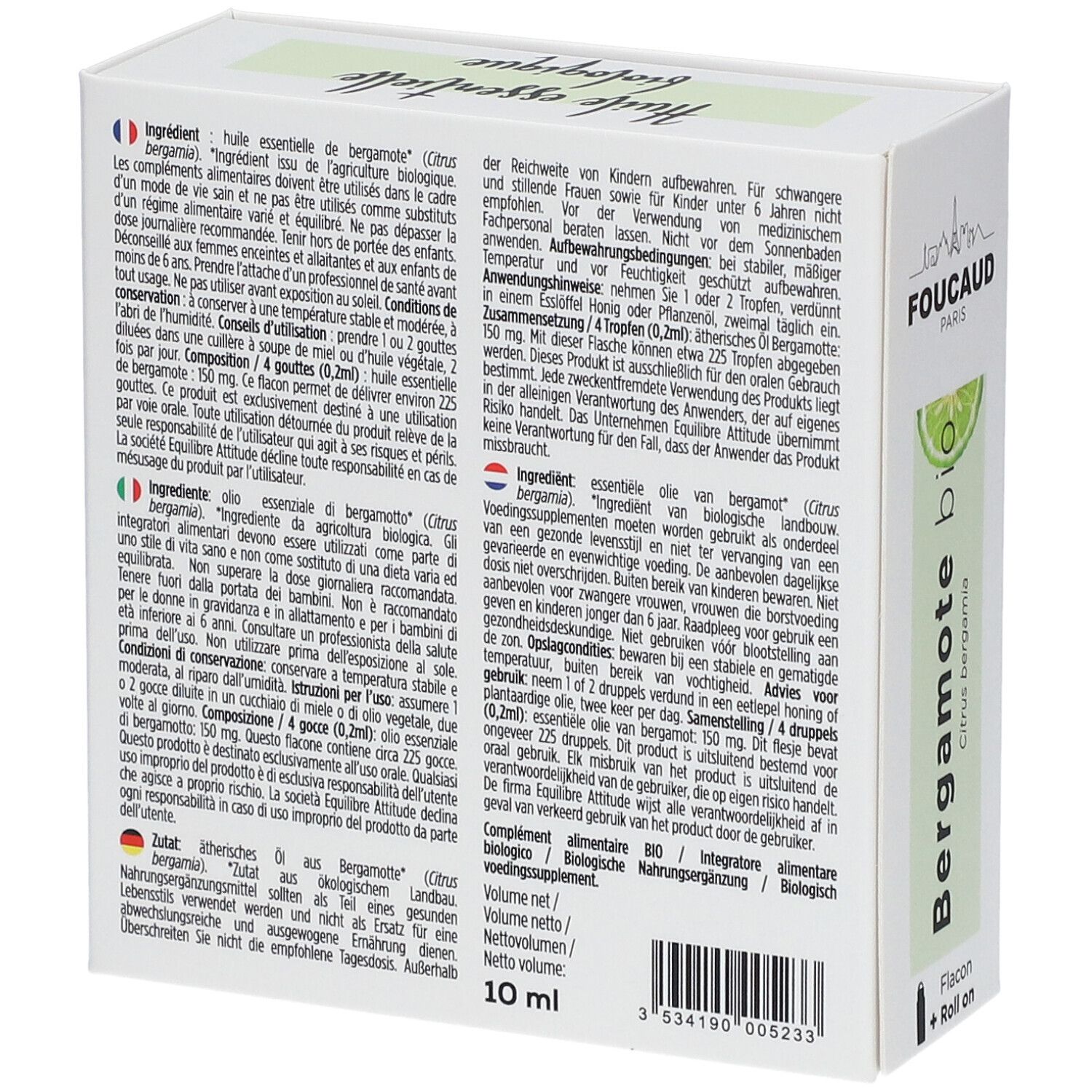 Verpackung mit Text in mehreren Sprachen. "Bergamote bio" und "10 ml". AB-Siegel. Inhaltsstoffe und Anwendungshinweise.