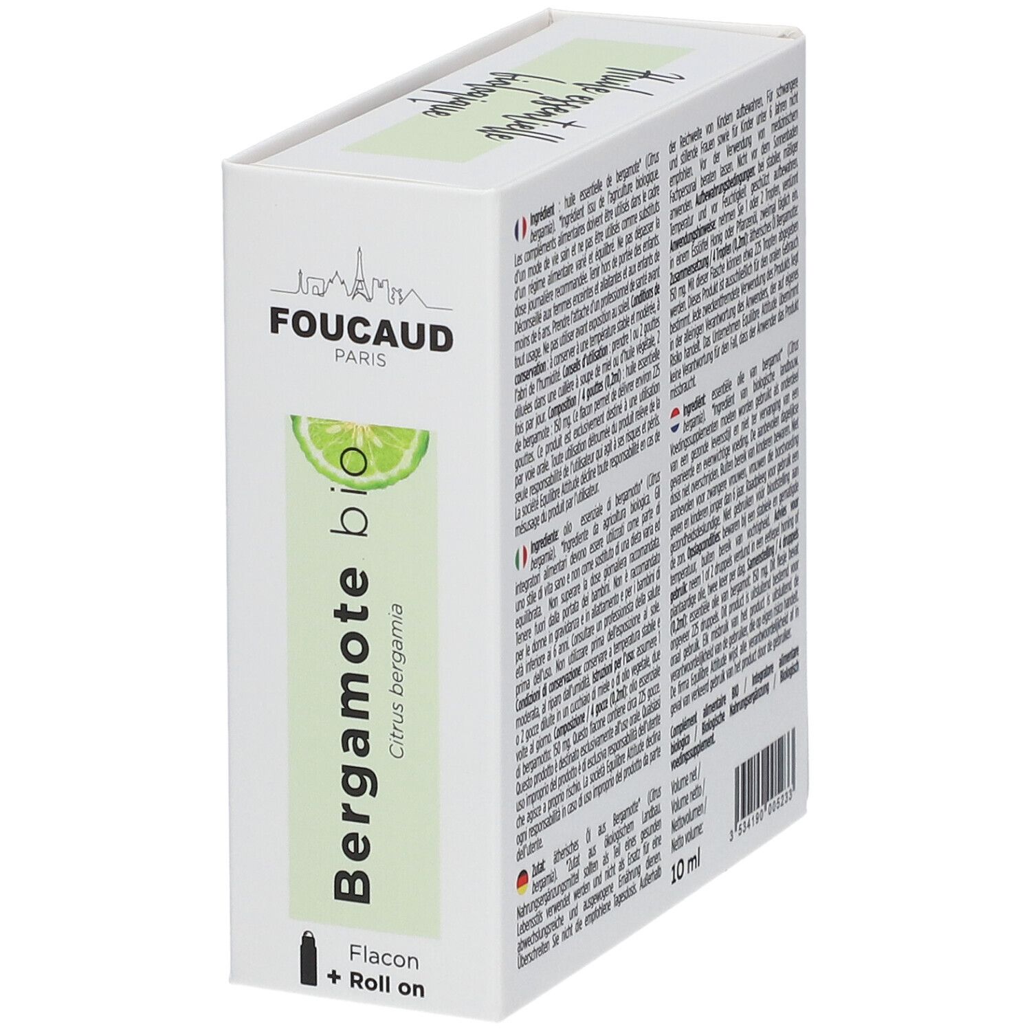 Weiße Verpackung, seitliche Ansicht. Text in mehreren Sprachen. "Bergamote bio" und "Flacon + Roll on".