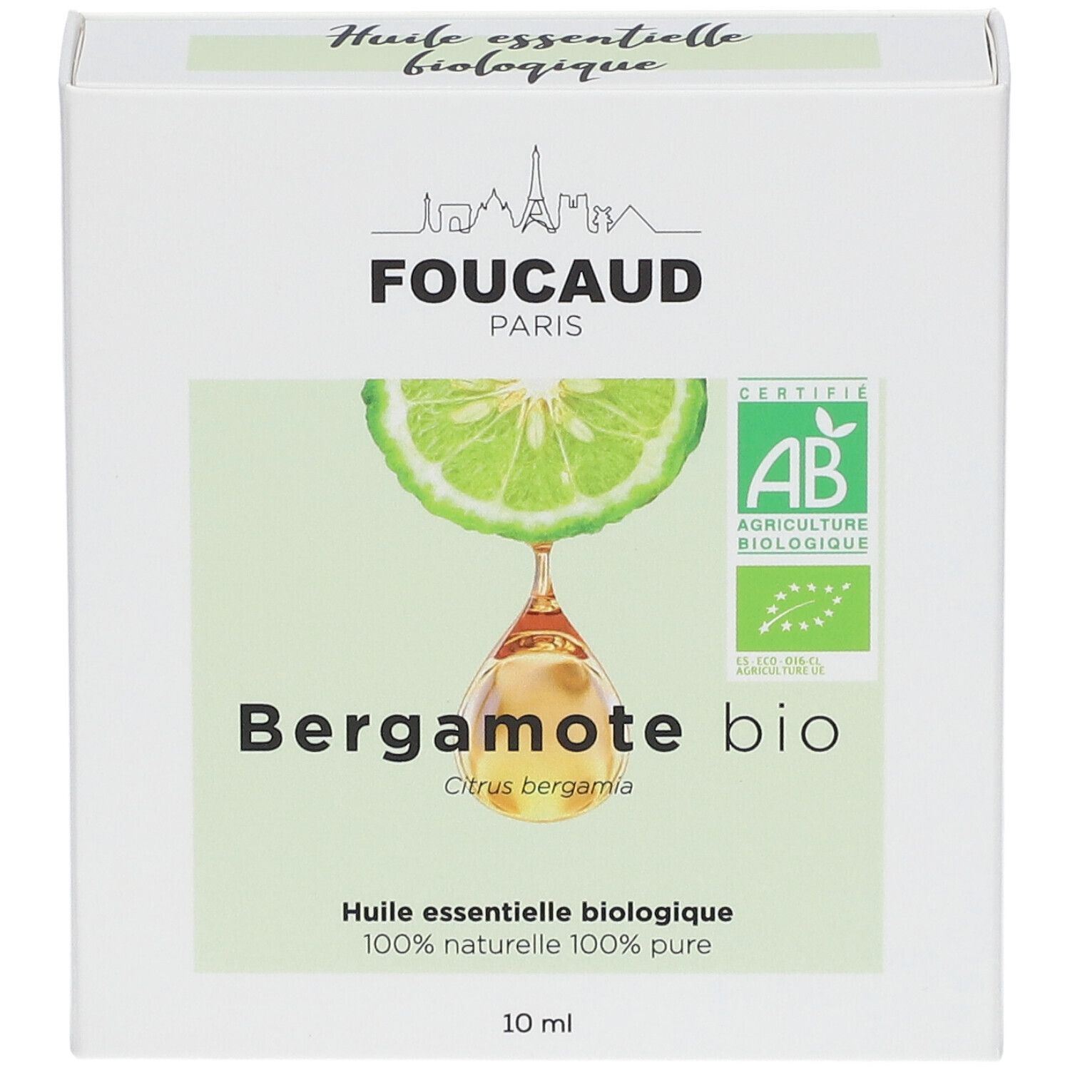 Weiße Verpackung mit Produktabbildung und Text. "Bergamote bio" und "Huile essentielle biologique". AB-Siegel.