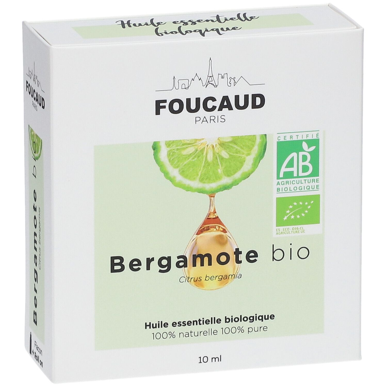 Weiße Verpackung mit Produktabbildung und Text. "Bergamote bio" und "Huile essentielle biologique". AB-Siegel.