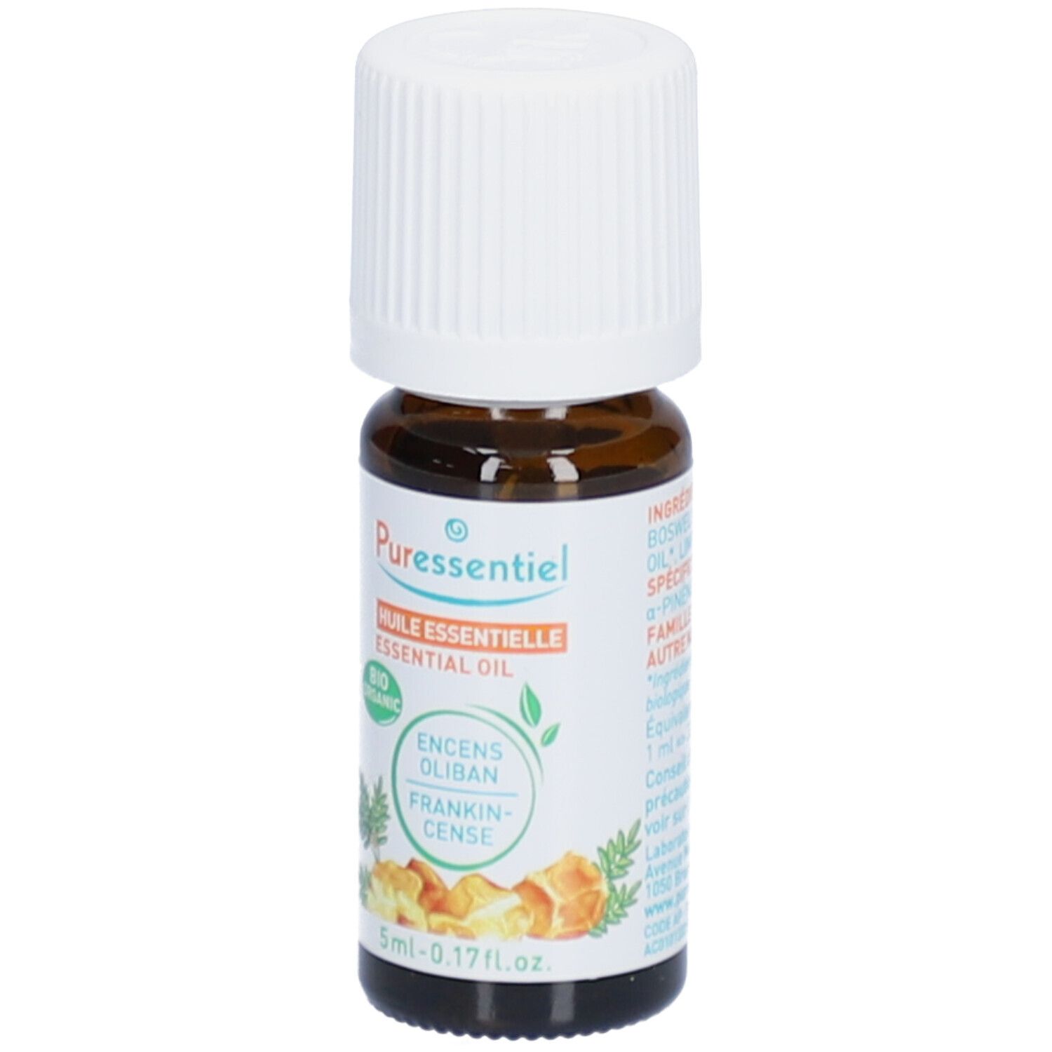 Braune Glasflasche mit weißem Deckel. Etikett mit Produktnamen, Inhaltsstoffen und Bio-Siegel. 5ml.