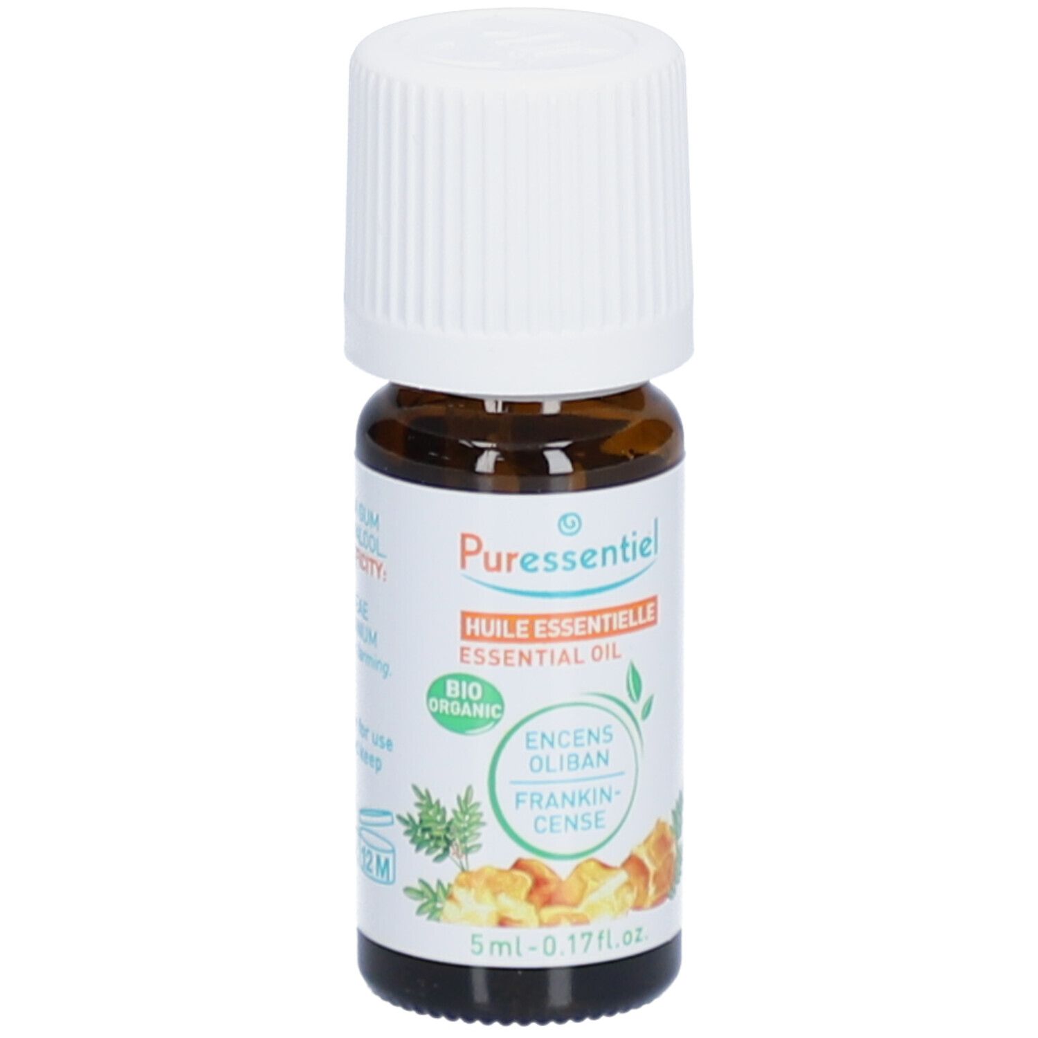 Braune Glasflasche mit weißem Deckel. Etikett mit Produktnamen, Inhaltsstoffen und Bio-Siegel. 5ml.